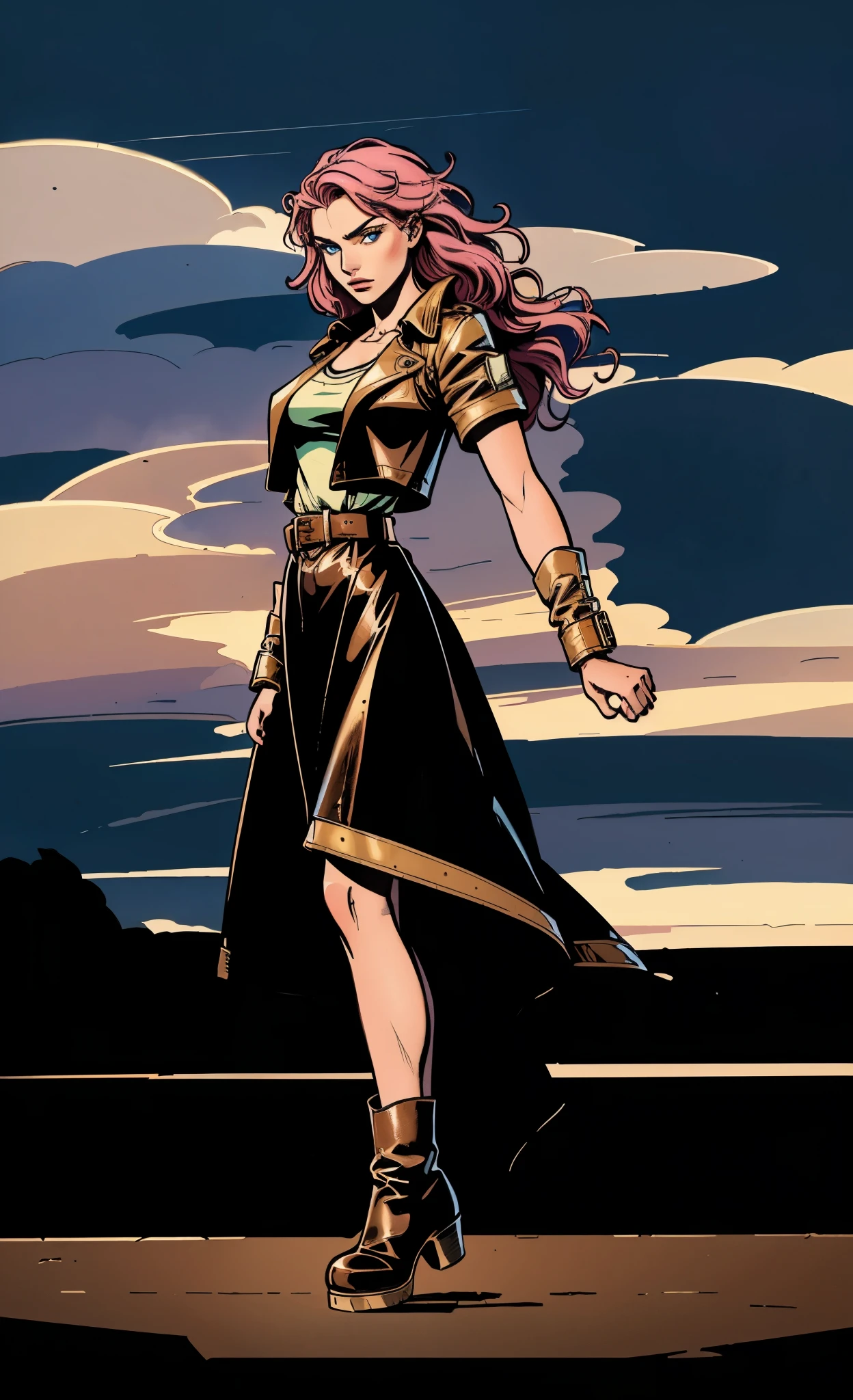 (A beautiful young girl with long curly pink hair, slender eyebrows, sparkling eyes, a bewildered expression, an oval-shapedl face with pale skin, a knee-length form-fitting leather trench coat with very short sleeves, she adorns both hands with metallic wrist guards in a sci-fi ancient civilization style, her long legs are clad in leather boots as she soars through the misty clouds), this character embodies a finely crafted fantasy-realism style western ranger in anime style, exquisite and mature manga art style, porcelain skin, perfect skin, perfect eyes, high definition, best quality, highres, ultra-detailed, ultra-fine painting, extremely delicate, professional, anatomically correct, symmetrical face, extremely detailed eyes and face, high quality eyes, creativity, RAW photo, UHD, 32k, Natural light, cinematic lighting, masterpiece-anatomy-perfect, masterpiece:1.5