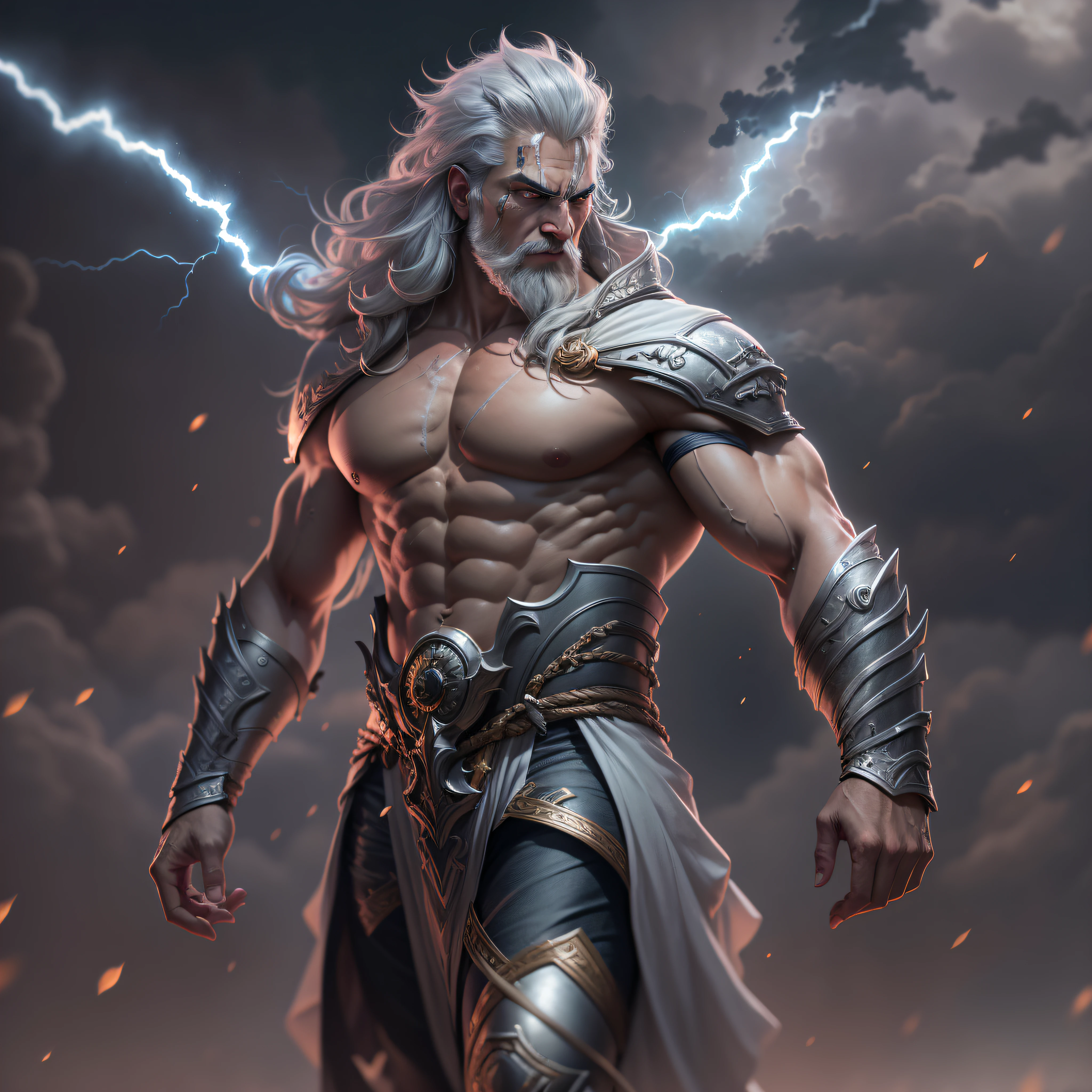 (altamente detalhado: 1.2), (melhor qualidade de imagem canon EOS R6: 1.2), (8k: 1.0), (dynamic posture: 1.2), obra de arte, Melhor qualidade, (god Zeus: 1.2), (pele extremamente detalhada: 1.2), (with lightning eyes: 1.2), Vestindo, 75 anos, with thunder in hand, Vestindo celestial mythological costume, muito musculoso, athletic, enorme, cabelo grisalho, cicatrizes, guerreiro, bar baro, SFW, distance. opium, mythological, fundo celestial e fantasia.