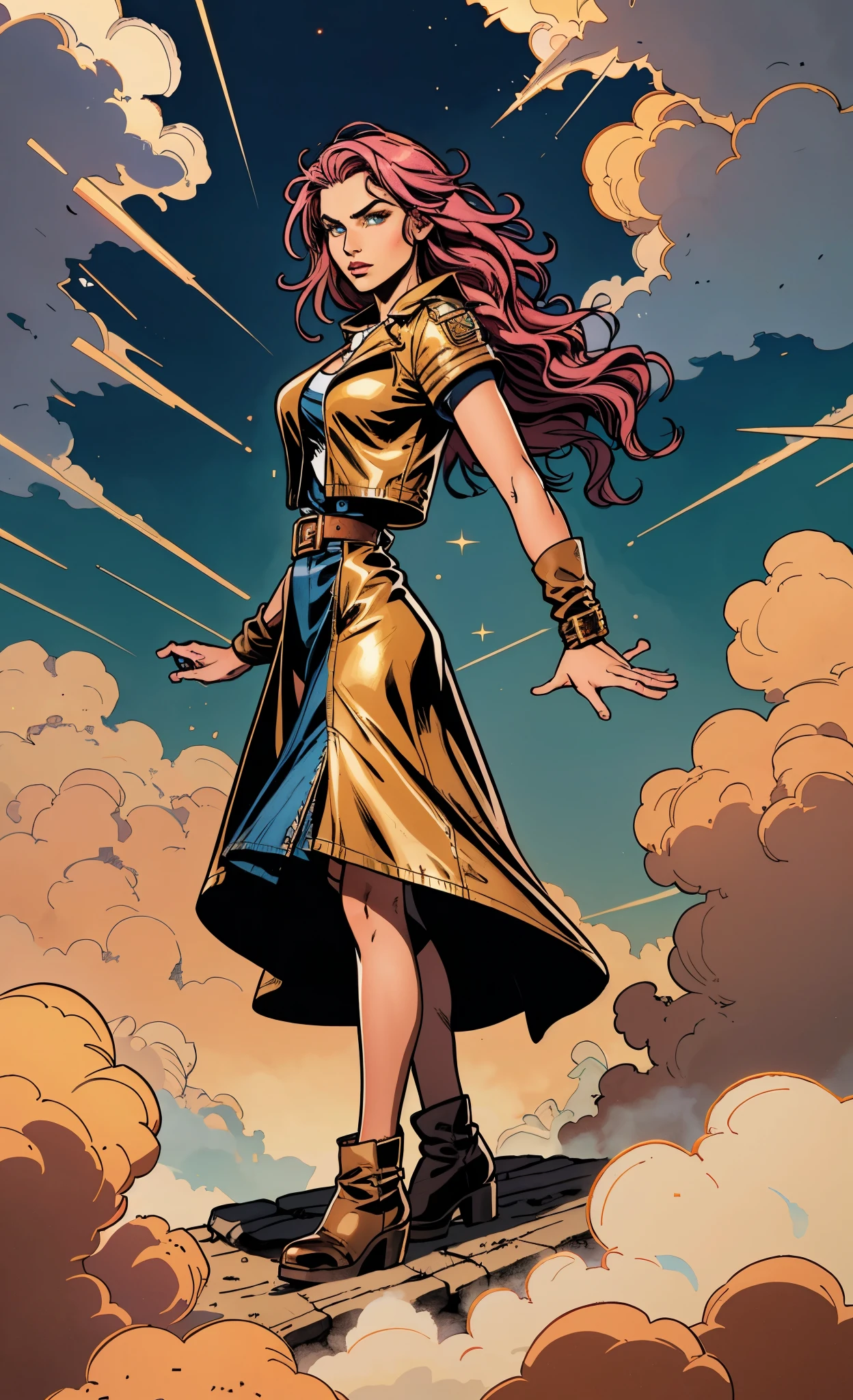 (A beautiful young girl with long curly pink hair, slender eyebrows, sparkling eyes, a bewildered expression, an oval-shapedl face with pale skin, a knee-length form-fitting leather trench coat with very short sleeves, she adorns both hands with metallic wrist guards in a sci-fi ancient civilization style, her long legs are clad in leather boots as she soars through the misty clouds), this character embodies a finely crafted fantasy-realism style western ranger in anime style, exquisite and mature manga art style, porcelain skin, perfect skin, perfect eyes, high definition, best quality, highres, ultra-detailed, ultra-fine painting, extremely delicate, professional, anatomically correct, symmetrical face, extremely detailed eyes and face, high quality eyes, creativity, RAW photo, UHD, 32k, Natural light, cinematic lighting, masterpiece-anatomy-perfect, masterpiece:1.5