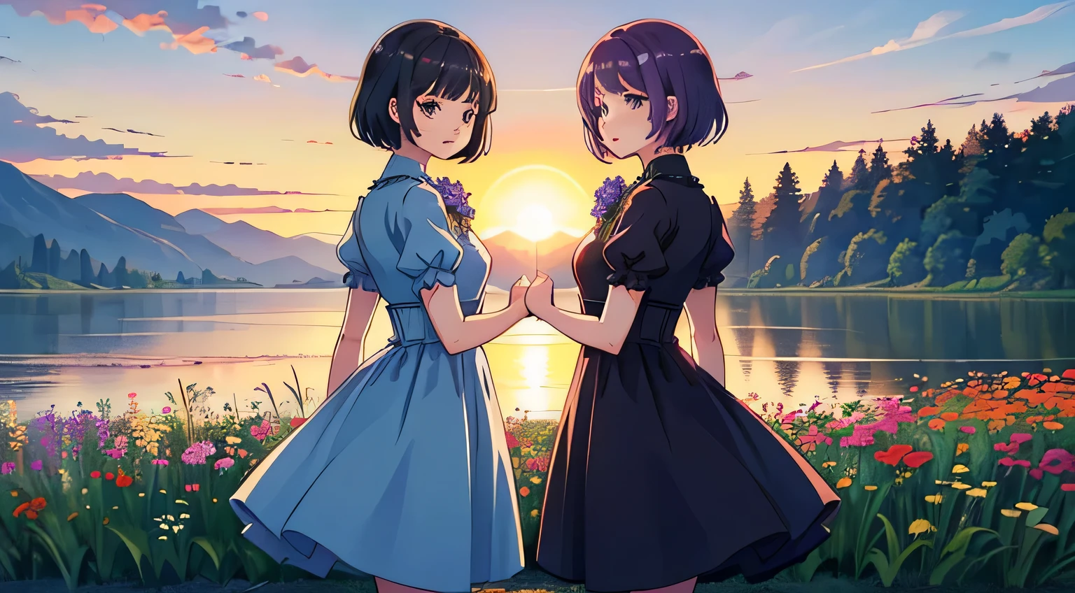 (((ultra high quality, anatomically correct))), ((cute twins, both girls with short purple hair)), standing at a lake, side by side, open field with flowers, sunrise, sun in background, ((both wearing cute blue dresses)), gorgeous golden eyes