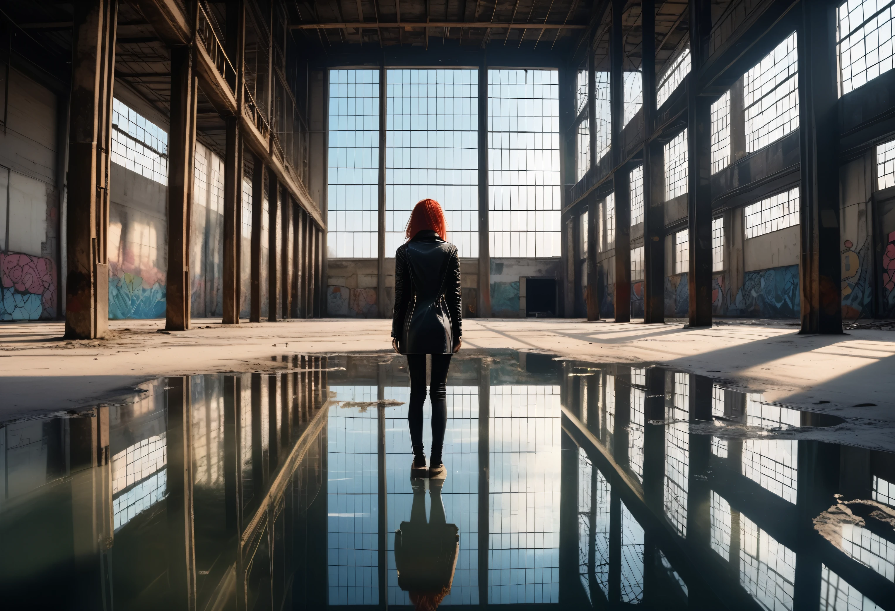 You are looking at the back of a 25 year old female punk, she is standing in a vast abandoned warehouse, the view is isometric with a vanishing point perspective moving away to the distance, the woman is standing 3 feet from a bank of storey height windows that span the entire lefthand side of the building, the floor is covered with a thin layer of crystal clear water creating a perfect mirror reflection, reflecting the thousands of windows that dpan the building wall perfectly as if they were real, like god himself created this reflection, pure perfection, the woman and windows are mirrored in macro detail on the water's surface creating the most pristine symmetrical duplicate image ever beholden, (ultra-realistic RAW photographic image, masterpiece, best quality:1.4), absurdres, huge filesize