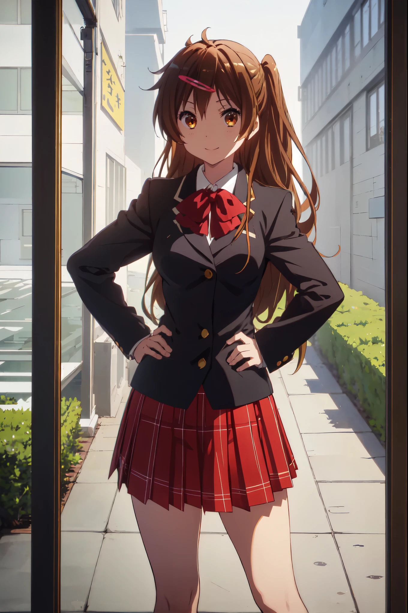 1girl, solo, shinka nibutani, flowing hair, medium breasts, icho private high school uniform, {black blazer not unbuttoning}, red plaid skirt ,  masterpiece, smile, looking at viewer, outdoors, contrapposto, standing, one hand on hip, cowboy shot, 