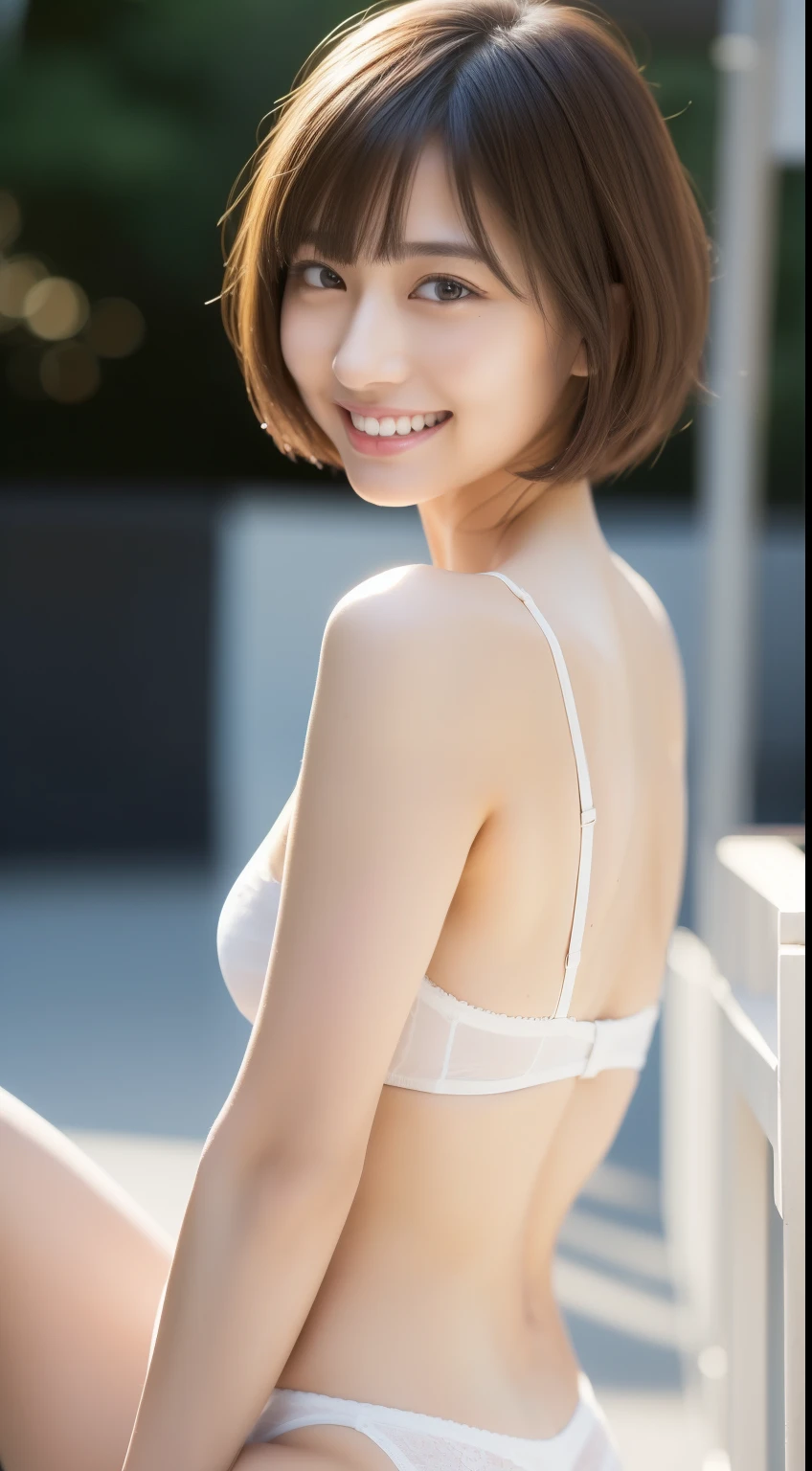 (photo taken:1.2)、(Photoreal:1.4)、(masterpiece:1.3)、(highest quality:1.4)、超A high resolution、(detailed eye)、(detailed facial features)、(Detailed clothing characteristics)、8K resolution、solo focus、bangs、double eyelid、beautiful lips、toned legs、(slender girl)、(japanese girl)、(japan faces)、1 girl、slim beauty:1.3、brown haired、delicate hair、(small breasts:1.2)、Daikanyama、street、realistic body、white skin、glowing skin、Because I'm slender、(short hair:1.2)、(bangs: 1.2)、smile、cute face、lifelike face、delicate body、thighs thighs thighs、(pure white underwear)、look at the camera、Terrace seats、((sexy pose))、stunning lighting