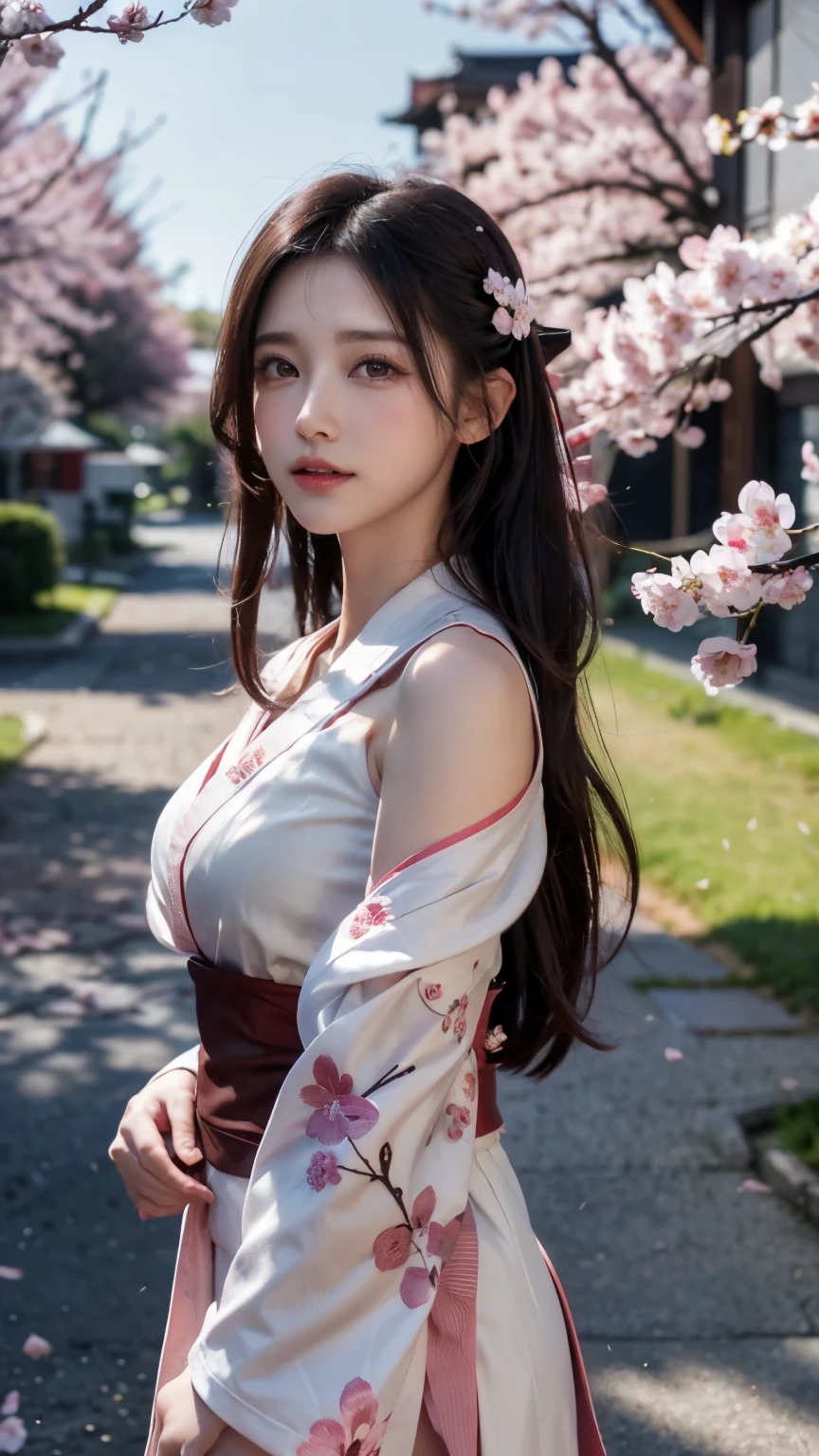 (Logo, Masterpiece, 8k, Tabletop, RAW Photo, Amazing, Top Quality, Photorealistic and Highly Detailed CG Integrated 8k Wallpaper, High Quality, Highly Detailed, Narrative Poetry, Particle Effects, Dynamic Effects, Character Boundary Depth, Cinematic lights, lens flares, ray tracing), fantasy, (single beautiful woman, white kimono, Japanese clothing, white cherry blossom pattern, white cherry blossom embroidery pattern, black hair, beautiful face, real face, beautiful eyes in detail, beautiful skin, long hair) Hair fluttering in the wind, long hair bouncing, long hair dancing in the wind), (cherry blossoms, cherry tree, cherry blossom petals dancing, cherry blossom blizzard, falling petals), hair fluttering in the wind, hair bouncing, pink cherry blossoms, Dancing petals, cherry blossom snowstorm, wonderful scenery, sunrise, background sun, wind, gods, teeth, stories of gods, vast land