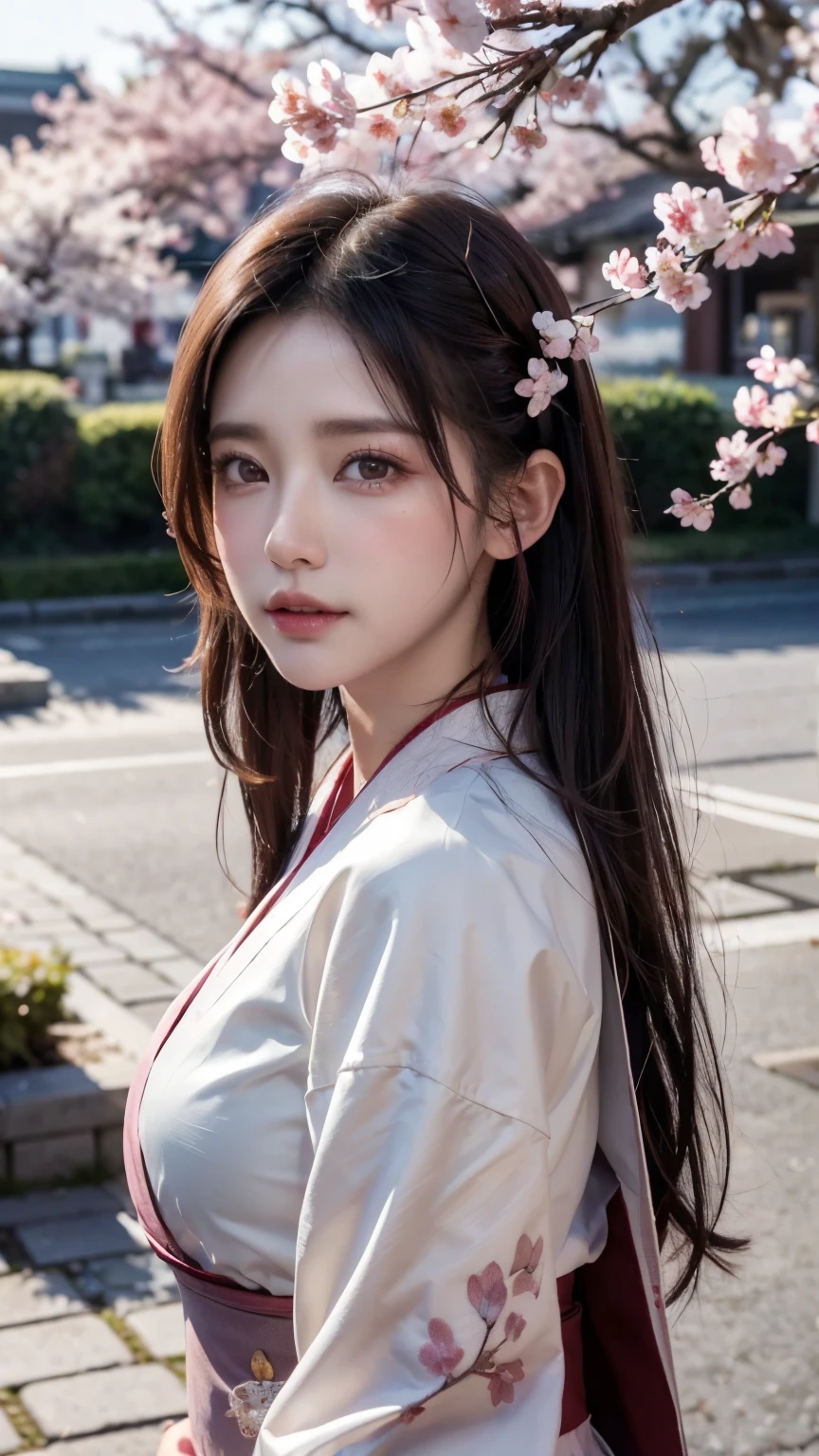 (Logo, Masterpiece, 8k, Tabletop, RAW Photo, Amazing, Top Quality, Photorealistic and Highly Detailed CG Integrated 8k Wallpaper, High Quality, Highly Detailed, Narrative Poetry, Particle Effects, Dynamic Effects, Character Boundary Depth, Cinematic lights, lens flares, ray tracing), fantasy, (single beautiful woman, white kimono, Japanese clothing, white cherry blossom pattern, white cherry blossom embroidery pattern, black hair, beautiful face, real face, beautiful eyes in detail, beautiful skin, long hair) Hair fluttering in the wind, long hair bouncing, long hair dancing in the wind), (cherry blossoms, cherry tree, cherry blossom petals dancing, cherry blossom blizzard, falling petals), hair fluttering in the wind, hair bouncing, pink cherry blossoms, Dancing petals, cherry blossom snowstorm, wonderful scenery, sunrise, background sun, wind, gods, teeth, stories of gods, vast land