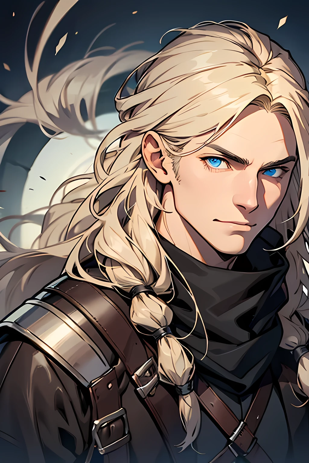 (MAN character), (Sesquipedalian, очень long hair, blonde hair), (heterochromia), (Left eye: blue), (Right eye: brown), (Black Long Leather Coat), (black shirt), (Archery gloves), (Black scarf), (illustration), (A high resolution), (mysterious lighting), (bright colors) (fighter) (cold light) (long hair: 2.0) (soft grin), Triangular Face Shape