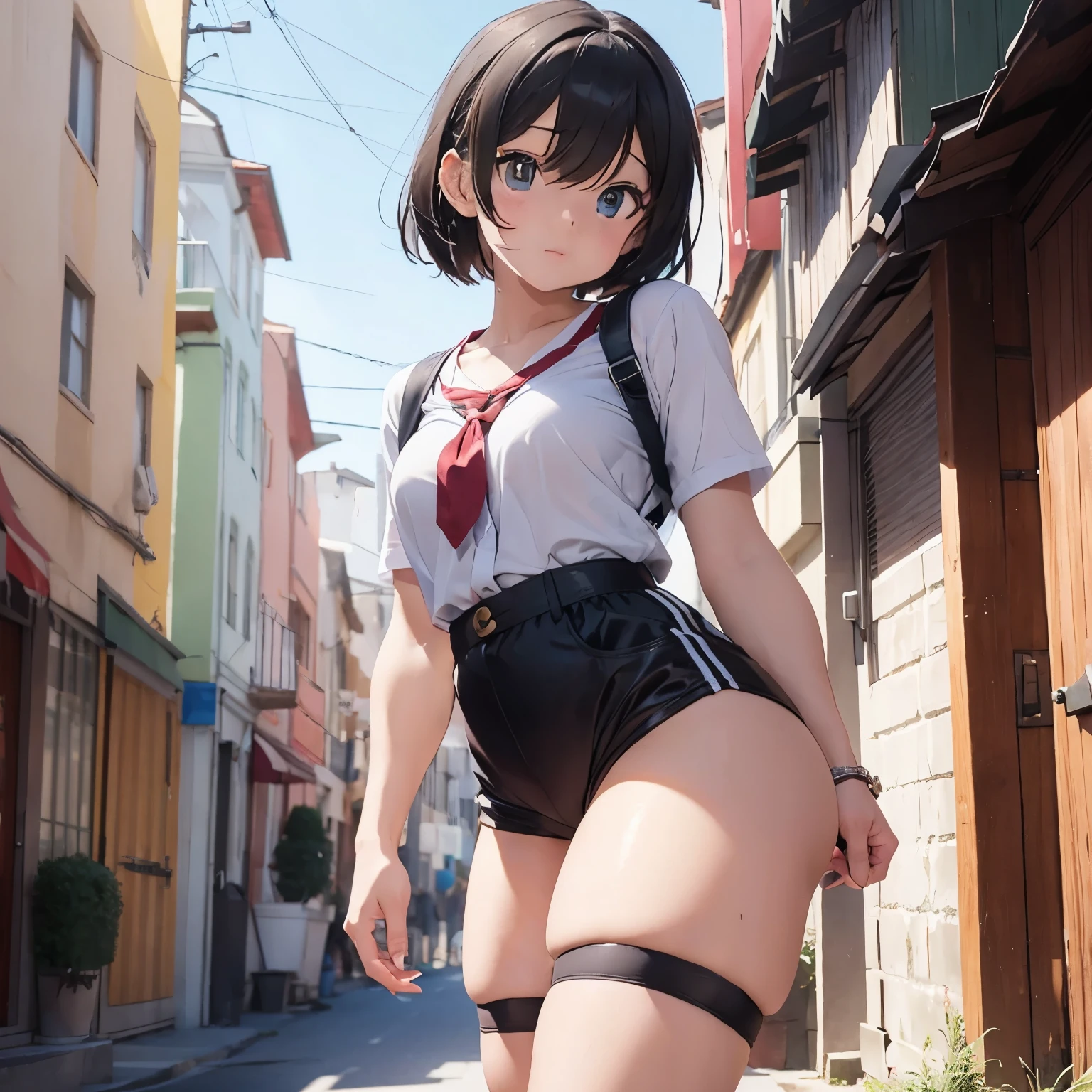 1 sexy girl, street scenery,people,posing on a sidewalk,posing for a magazine, (magazine cover), full body, bikini, (Loli), peni Parker, beautiful, (), ((micro bikini)), good anatomy, masterpiece, back, looking back, showing her ass