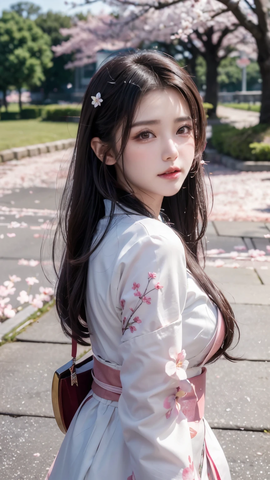 (Logo, Masterpiece, 8k, Tabletop, RAW Photo, Amazing, Top Quality, Photorealistic and Highly Detailed CG Integrated 8k Wallpaper, High Quality, Highly Detailed, Narrative Poetry, Particle Effects, Dynamic Effects, Character Boundary Depth, Cinematic lights, lens flares, ray tracing), fantasy, (single beautiful woman, white kimono, Japanese clothing, white cherry blossom pattern, white cherry blossom embroidery pattern, black hair, beautiful face, real face, beautiful eyes in detail, beautiful skin, long hair) Hair fluttering in the wind, long hair bouncing, long hair dancing in the wind), (cherry blossoms, cherry tree, cherry blossom petals dancing, cherry blossom blizzard, falling petals), hair fluttering in the wind, hair bouncing, pink cherry blossoms, Dancing petals, cherry blossom snowstorm, wonderful scenery, sunrise, background sun, wind, gods, teeth, stories of gods, vast land