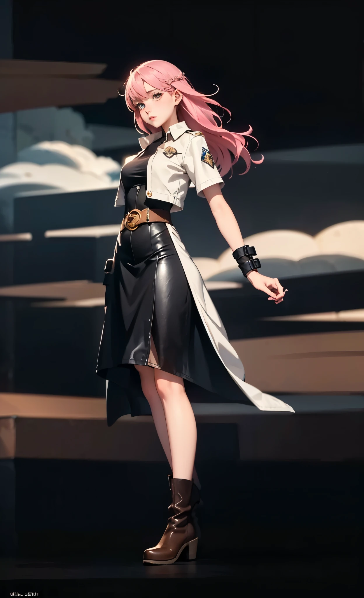 (A beautiful young girl with long curly pink hair, slender eyebrows, sparkling eyes, a bewildered expression, an oval-shapedl face with pale skin, a knee-length form-fitting leather trench coat with very short sleeves, she adorns both hands with metallic wrist guards in a sci-fi ancient civilization style, her long legs are clad in leather boots as she soars through the misty clouds), this character embodies a finely crafted fantasy-realism style western ranger in anime style, exquisite and mature manga art style, porcelain skin, perfect skin, perfect eyes, high definition, best quality, highres, ultra-detailed, ultra-fine painting, extremely delicate, professional, anatomically correct, symmetrical face, extremely detailed eyes and face, high quality eyes, creativity, RAW photo, UHD, 32k, Natural light, cinematic lighting, masterpiece-anatomy-perfect, masterpiece:1.5