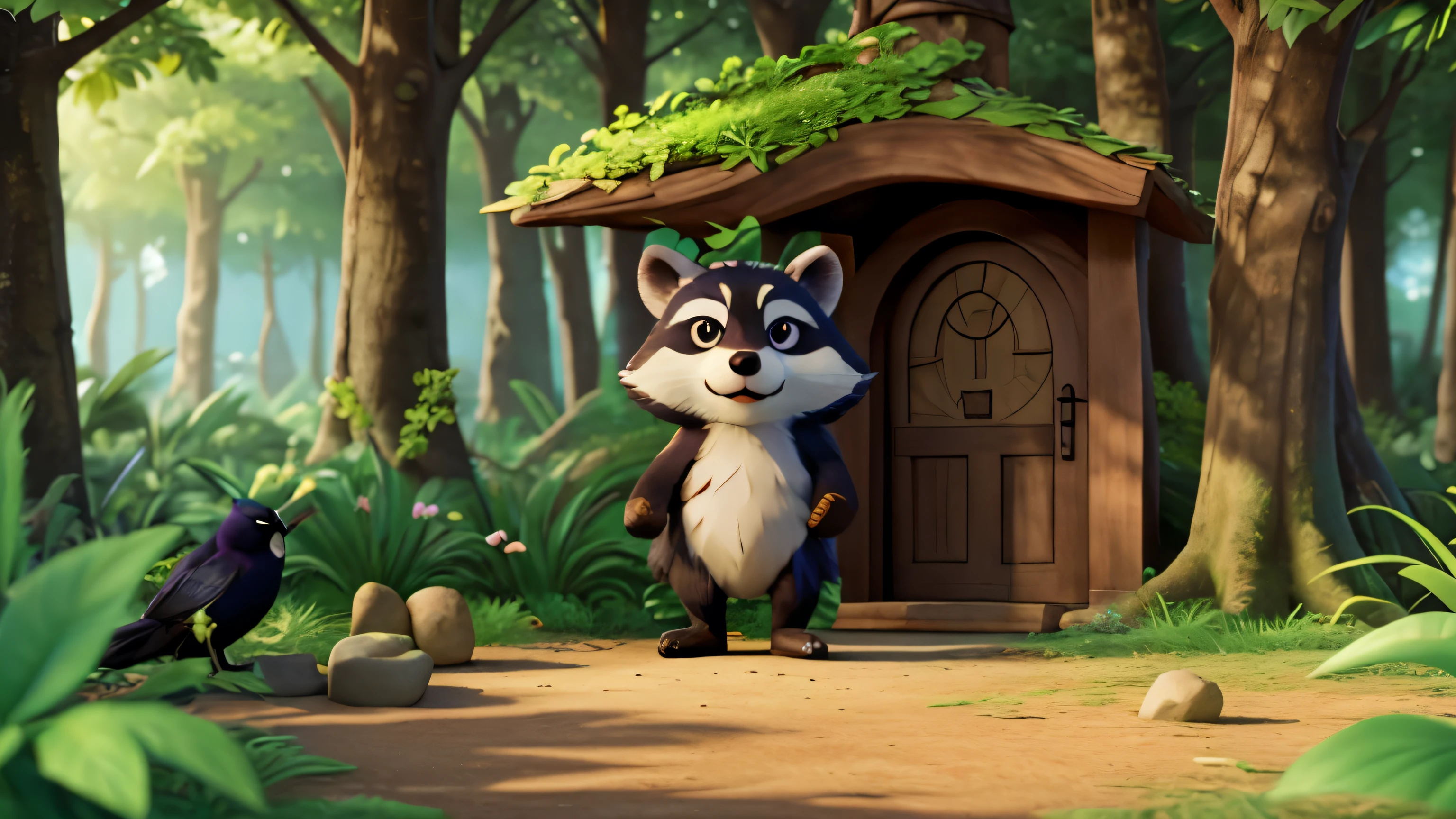 "The story tells the journey of a raccoon and a crow with shiny black feathers in a sunny forest, repleta de cores vivas, muitas flores, stones and green vegetation. No centro desta floresta, A large tree with a wide trunk and bluish leaves stood tall., destacando-se majestosamente. A magical door of shining golden color, located at the foot of the tree, estava misteriosamente aberta, inviting characters to embark on a unique adventure."