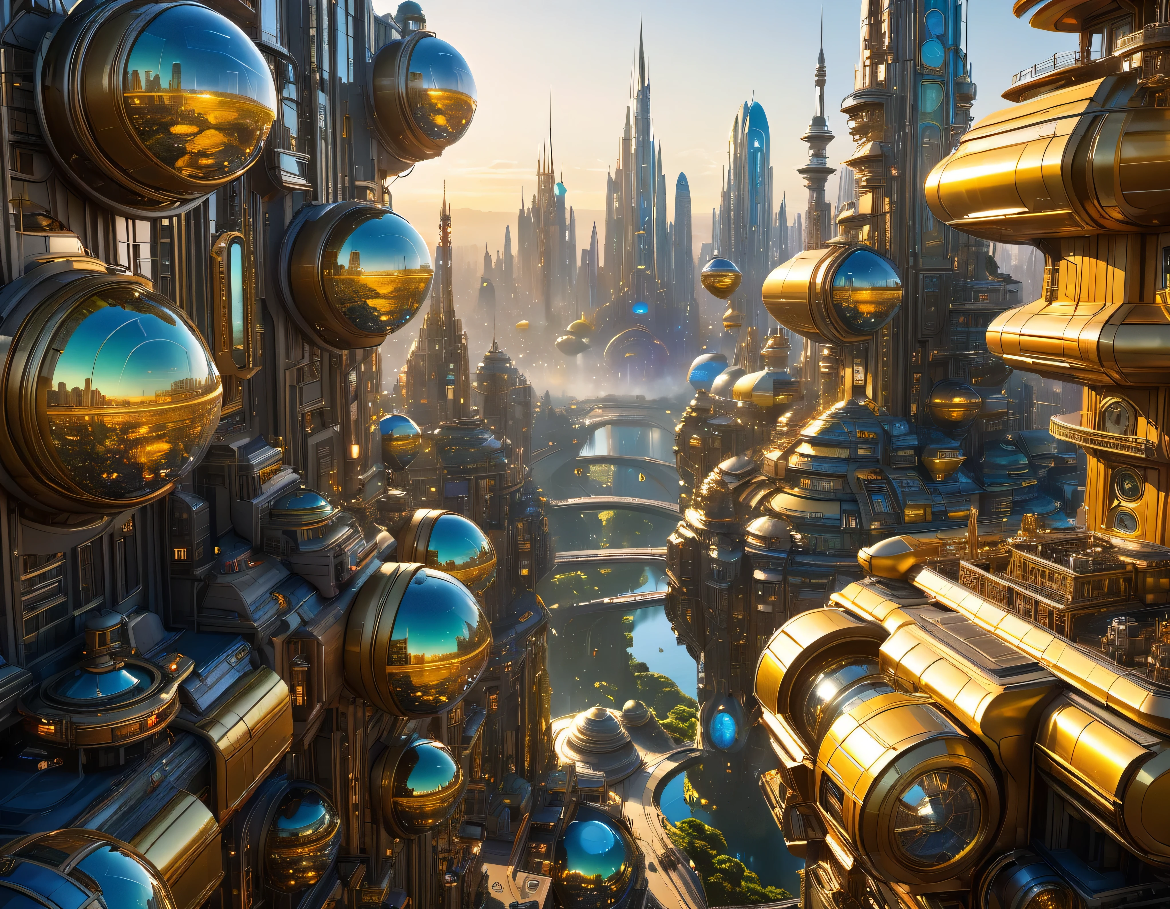 (golden hour lighting), megacity, megalopolis of an imaginary world of science fiction , parecido a una disneylandia futurista, and maximum fantasy, con inmensos edificios y rascacielos ovalados y dodecaedricos agrupados de metal y cristal donde predomina el oro y los anuncios luminosos de colores. imagen bien definida 8k, (intrincados detalles de la maquina), con muchos edificios juntos.(obra maestra de superior calidad).(imagen fotorrealista), nitidez absoluta hasta el fondo