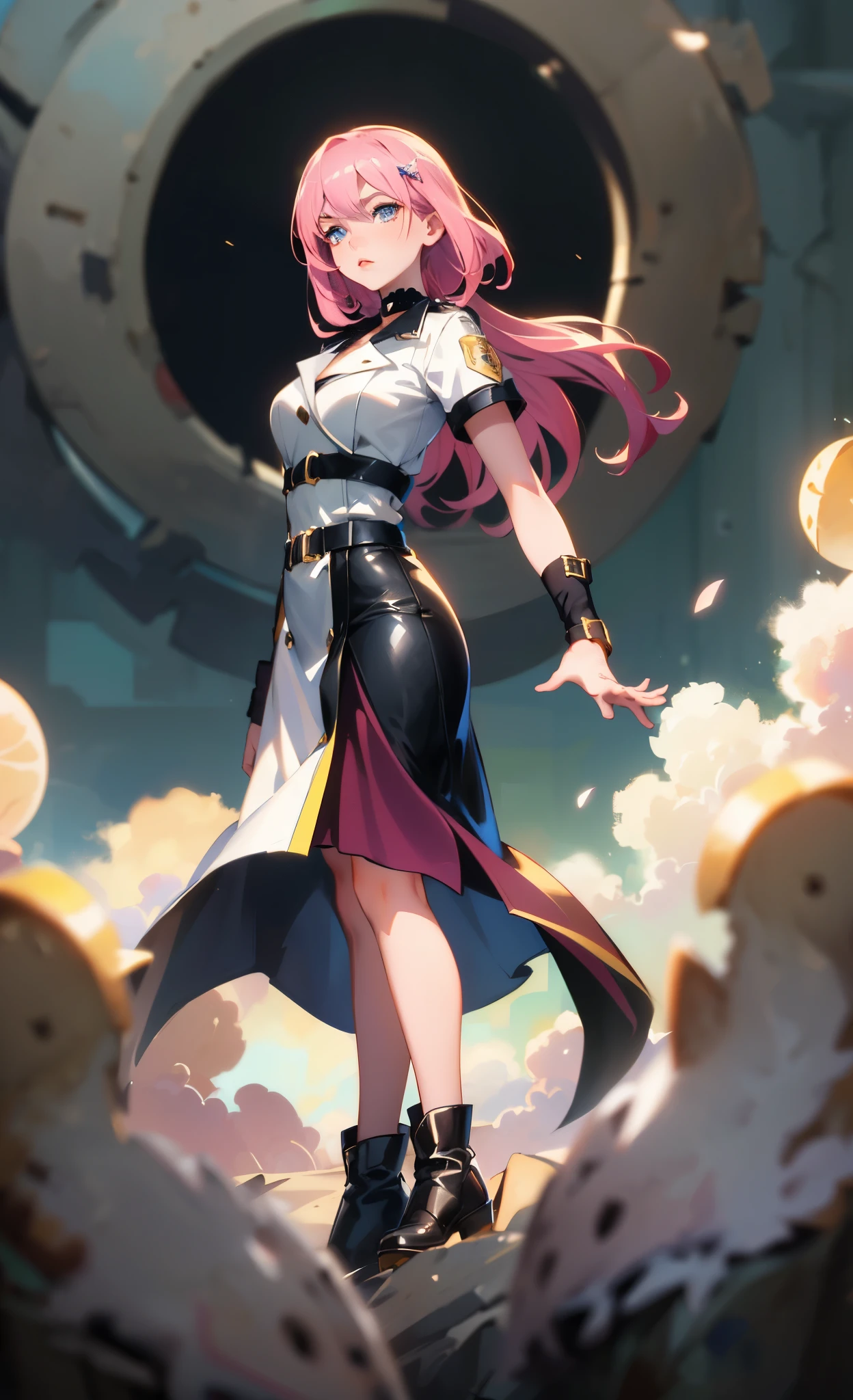 (A beautiful young girl with long curly pink hair, slender eyebrows, sparkling eyes, a bewildered expression, an oval-shapedl face with pale skin, a knee-length form-fitting leather trench coat with very short sleeves, she adorns both hands with metallic wrist guards in a sci-fi ancient civilization style, her long legs are clad in leather boots as she soars through the misty clouds), this character embodies a finely crafted fantasy-realism style western ranger in anime style, exquisite and mature manga art style, porcelain skin, perfect skin, perfect eyes, high definition, best quality, highres, ultra-detailed, ultra-fine painting, extremely delicate, professional, anatomically correct, symmetrical face, extremely detailed eyes and face, high quality eyes, creativity, RAW photo, UHD, 32k, Natural light, cinematic lighting, masterpiece-anatomy-perfect, masterpiece:1.5