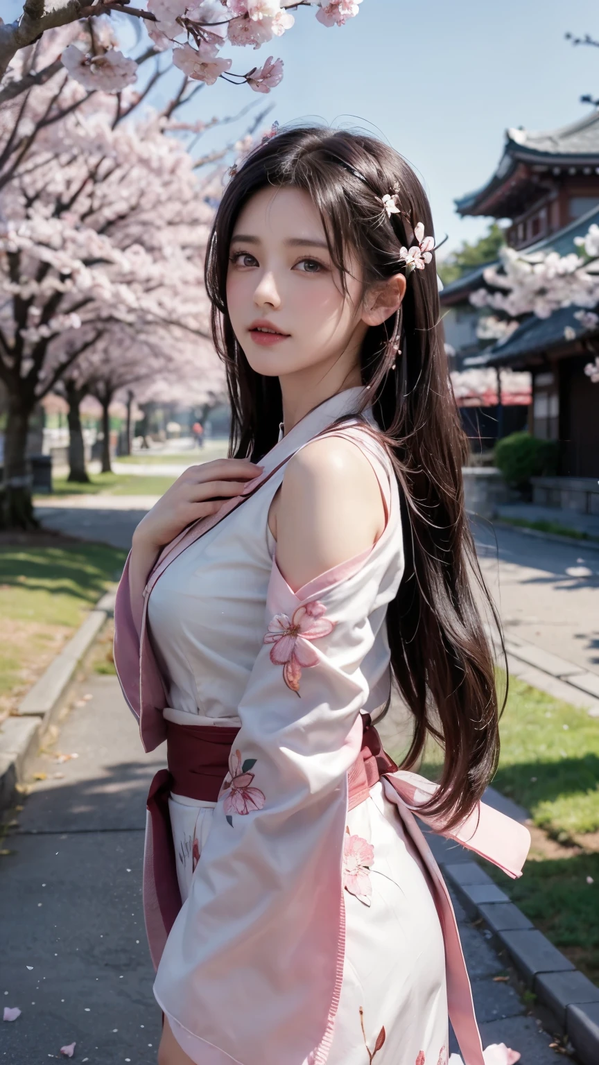 (Logo, Masterpiece, 8k, Tabletop, RAW Photo, Amazing, Top Quality, Photorealistic and Highly Detailed CG Integrated 8k Wallpaper, High Quality, Highly Detailed, Narrative Poetry, Particle Effects, Dynamic Effects, Character Boundary Depth, Cinematic lights, lens flares, ray tracing), fantasy, (single beautiful woman, white kimono, Japanese clothing, white cherry blossom pattern, white cherry blossom embroidery pattern, black hair, beautiful face, real face, beautiful eyes in detail, beautiful skin, long hair) Hair fluttering in the wind, long hair bouncing, long hair dancing in the wind), (cherry blossoms, cherry tree, cherry blossom petals dancing, cherry blossom blizzard, falling petals), hair fluttering in the wind, hair bouncing, pink cherry blossoms, Dancing petals, cherry blossom snowstorm, wonderful scenery, sunrise, background sun, wind, gods, teeth, stories of gods, vast land