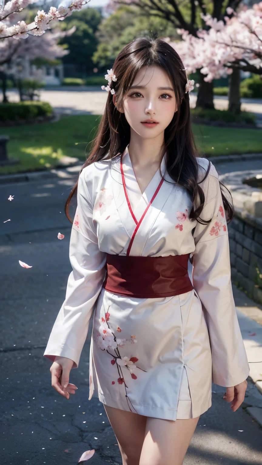(Logo, Masterpiece, 8k, Tabletop, RAW Photo, Amazing, Top Quality, Photorealistic and Highly Detailed CG Integrated 8k Wallpaper, High Quality, Highly Detailed, Narrative Poetry, Particle Effects, Dynamic Effects, Character Boundary Depth, Cinematic lights, lens flares, ray tracing), fantasy, (single beautiful woman, white kimono, Japanese clothing, white cherry blossom pattern, white cherry blossom embroidery pattern, black hair, beautiful face, real face, beautiful eyes in detail, beautiful skin, long hair) Hair fluttering in the wind, long hair bouncing, long hair dancing in the wind), (cherry blossoms, cherry tree, cherry blossom petals dancing, cherry blossom blizzard, falling petals), hair fluttering in the wind, hair bouncing, pink cherry blossoms, Dancing petals, cherry blossom snowstorm, wonderful scenery, sunrise, background sun, wind, gods, teeth, stories of gods, vast land