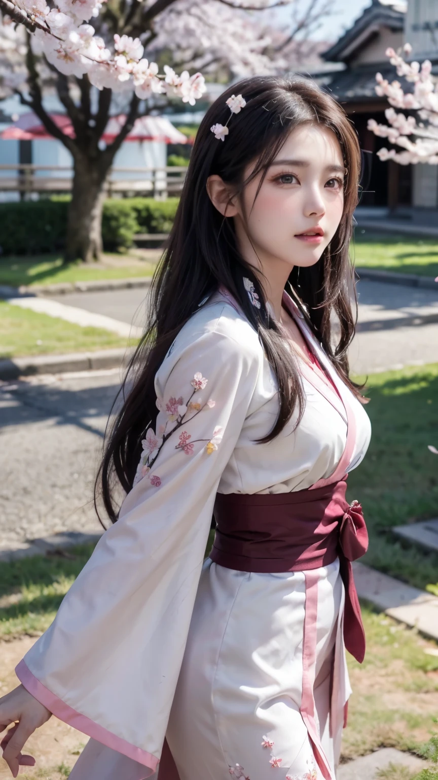 (Logo, Masterpiece, 8k, Tabletop, RAW Photo, Amazing, Top Quality, Photorealistic and Highly Detailed CG Integrated 8k Wallpaper, High Quality, Highly Detailed, Narrative Poetry, Particle Effects, Dynamic Effects, Character Boundary Depth, Cinematic lights, lens flares, ray tracing), fantasy, (single beautiful woman, white kimono, Japanese clothing, white cherry blossom pattern, white cherry blossom embroidery pattern, black hair, beautiful face, real face, beautiful eyes in detail, beautiful skin, long hair) Hair fluttering in the wind, long hair bouncing, long hair dancing in the wind), (cherry blossoms, cherry tree, cherry blossom petals dancing, cherry blossom blizzard, falling petals), hair fluttering in the wind, hair bouncing, pink cherry blossoms, Dancing petals, cherry blossom snowstorm, wonderful scenery, sunrise, background sun, wind, gods, teeth, stories of gods, vast land