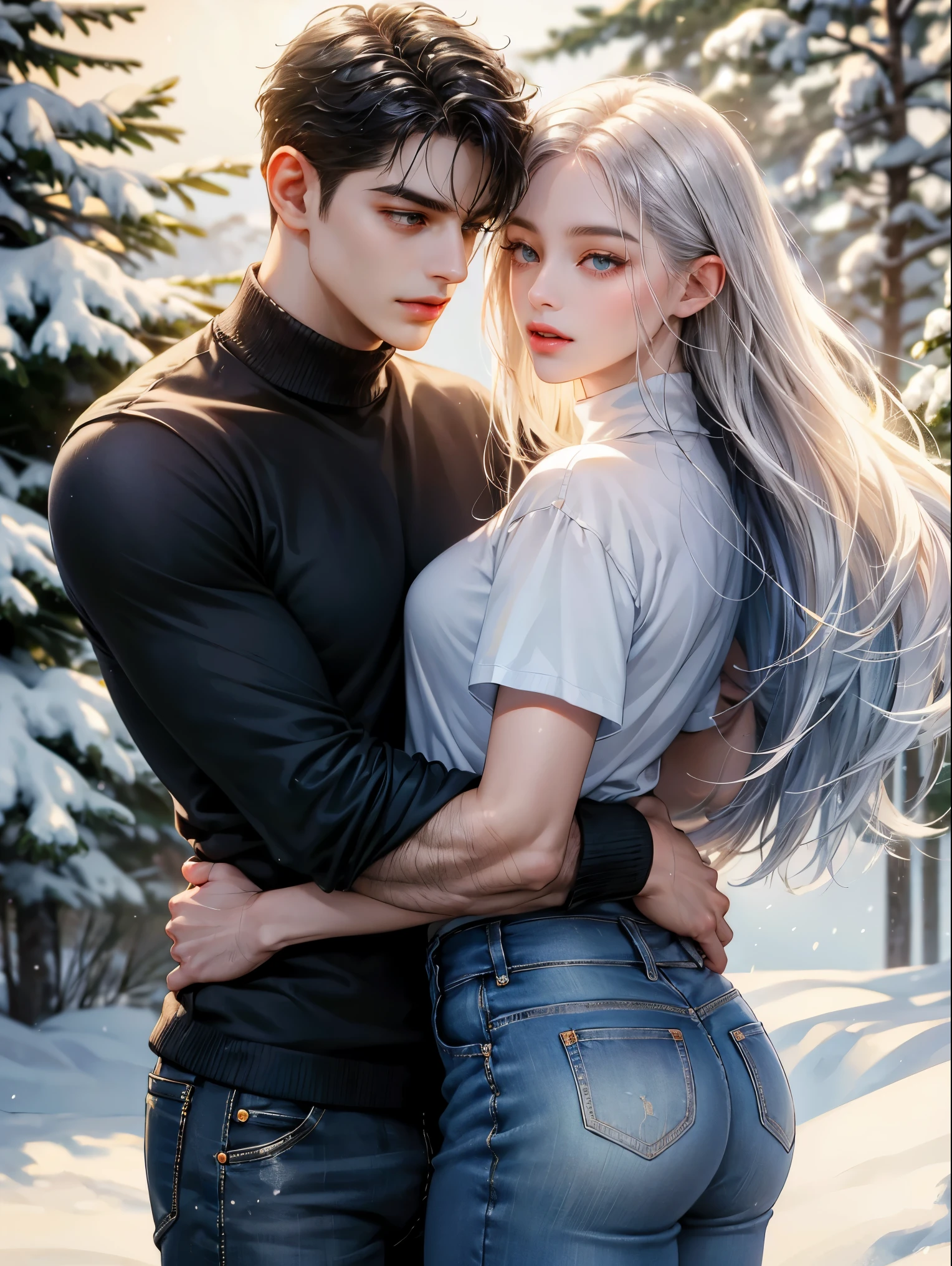 casal, 1 1 , cor de cabelo diferente, Cabelo ruivo comprido, cabelo ondulado, sem franja, olhos cinzentos. Turtleneck sweater and jeans. cabelo preto curto, ondulado e (olhos castanhos) , camiseta preta e jeans escrito (ziih core), altura igual, olhos detalhados, face, hand. eles olham para o espectador. They hug each other. They are near pine trees with snow. figura completa. Floresta de neve de fundo