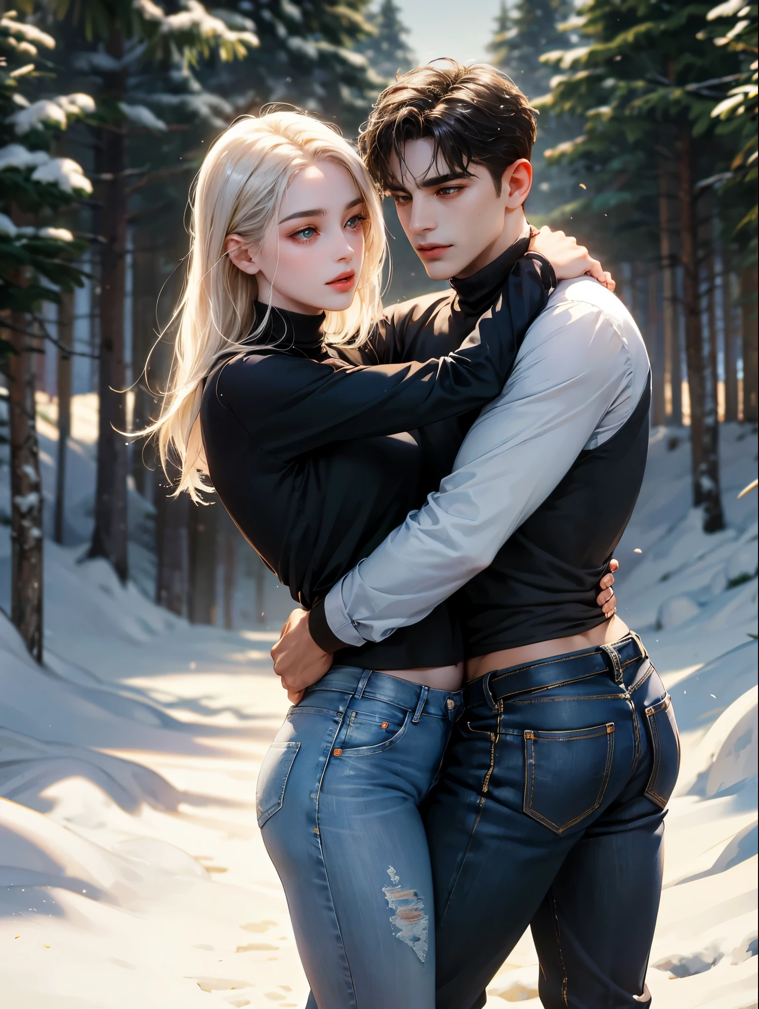 casal, 1  1 menino, cor de cabelo diferente, Cabelo ruivo comprido, cabelo ondulado, sem franja, olhos cinzentos. Turtleneck sweater and jeans. cabelo preto curto, ondulado e (olhos castanhos) , camiseta preta e jeans escrito (ziih core), altura igual, olhos detalhados, face, hand. eles olham para o espectador. They hug each other. They are near pine trees with snow. figura completa. Floresta de neve de fundo