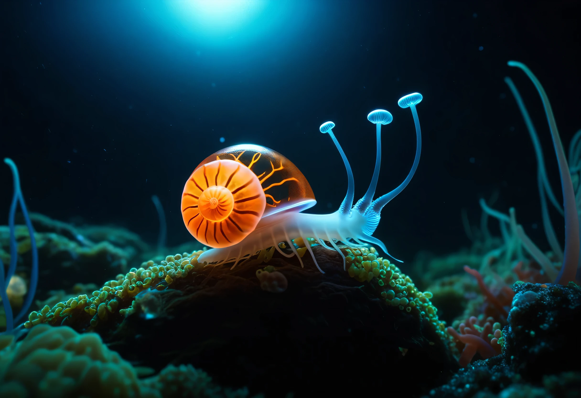 Photo of (a glowing bioluminescent jellyfish:0.5)
Photo of (a snail:0.5), cinematic, movie still, dramatic lighting, keylighting