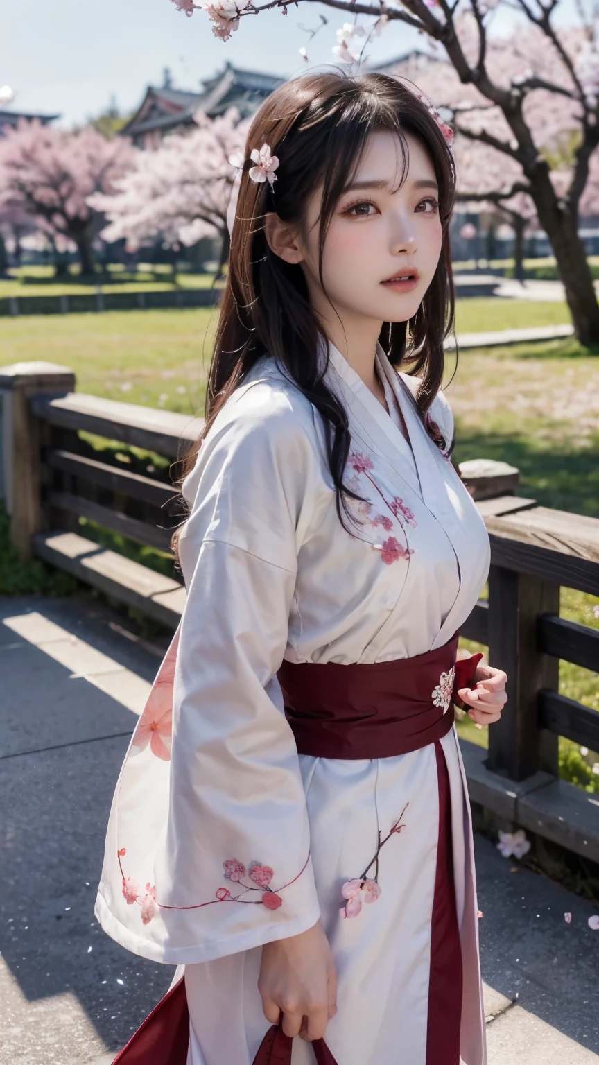 (Logo, Masterpiece, 8k, Tabletop, RAW Photo, Amazing, Top Quality, Photorealistic and Highly Detailed CG Integrated 8k Wallpaper, High Quality, Highly Detailed, Narrative Poetry, Particle Effects, Dynamic Effects, Character Boundary Depth, Cinematic lights, lens flares, ray tracing), fantasy, (single beautiful woman, white kimono, Japanese clothing, white cherry blossom pattern, white cherry blossom embroidery pattern, black hair, beautiful face, real face, beautiful eyes in detail, beautiful skin, long hair) Hair fluttering in the wind, long hair bouncing, long hair dancing in the wind), (cherry blossoms, cherry tree, cherry blossom petals dancing, cherry blossom blizzard, falling petals), hair fluttering in the wind, hair bouncing, pink cherry blossoms, Dancing petals, cherry blossom snowstorm, wonderful scenery, sunrise, background sun, wind, gods, teeth, stories of gods, vast land