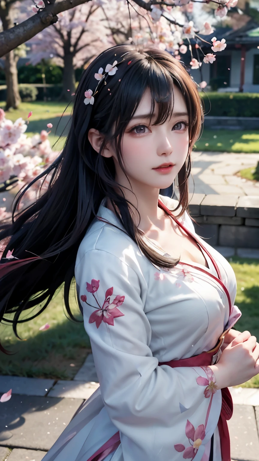 (Logo, Masterpiece, 8k, Tabletop, RAW Photo, Amazing, Top Quality, Photorealistic and Highly Detailed CG Integrated 8k Wallpaper, High Quality, Highly Detailed, Narrative Poetry, Particle Effects, Dynamic Effects, Character Boundary Depth, Cinematic lights, lens flares, ray tracing), fantasy, (single beautiful woman, white kimono, Japanese clothing, white cherry blossom pattern, white cherry blossom embroidery pattern, black hair, beautiful face, real face, beautiful eyes in detail, beautiful skin, long hair) Hair fluttering in the wind, long hair bouncing, long hair dancing in the wind), (cherry blossoms, cherry tree, cherry blossom petals dancing, cherry blossom blizzard, falling petals), hair fluttering in the wind, hair bouncing, pink cherry blossoms, Dancing petals, cherry blossom snowstorm, wonderful scenery, sunrise, background sun, wind, gods, teeth, stories of gods, vast land