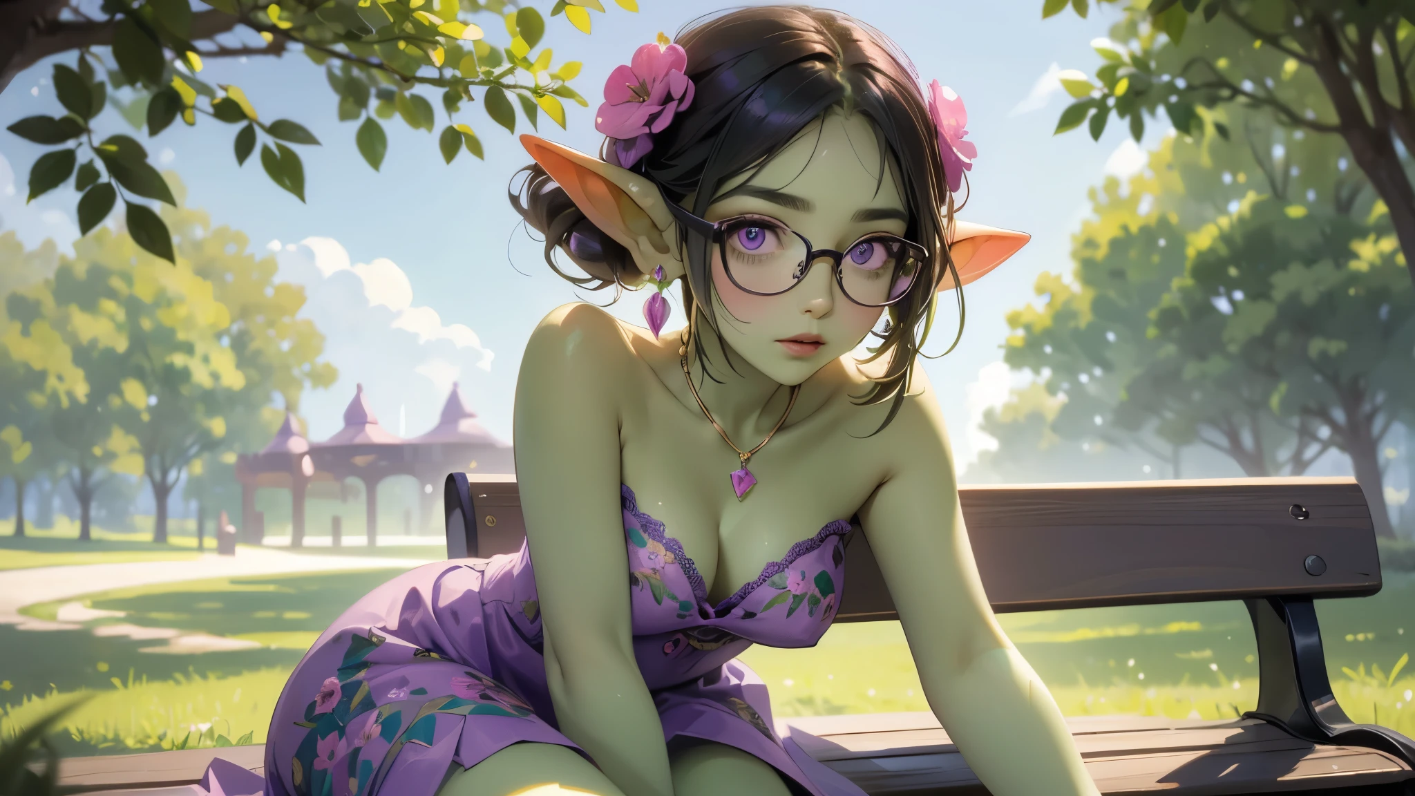 ((best quality)), ((masterpiece)), (very detailed), 4k, perfect face, very small goblin girl, green skin, purple eyes, small breasts, black rimmed glasses, short dark green hair, wearing a pink floral summer dress, sitting outdoors on a park bench on a beautiful day, purple earrings, black bracelet, cleavage, nipples are poking through top