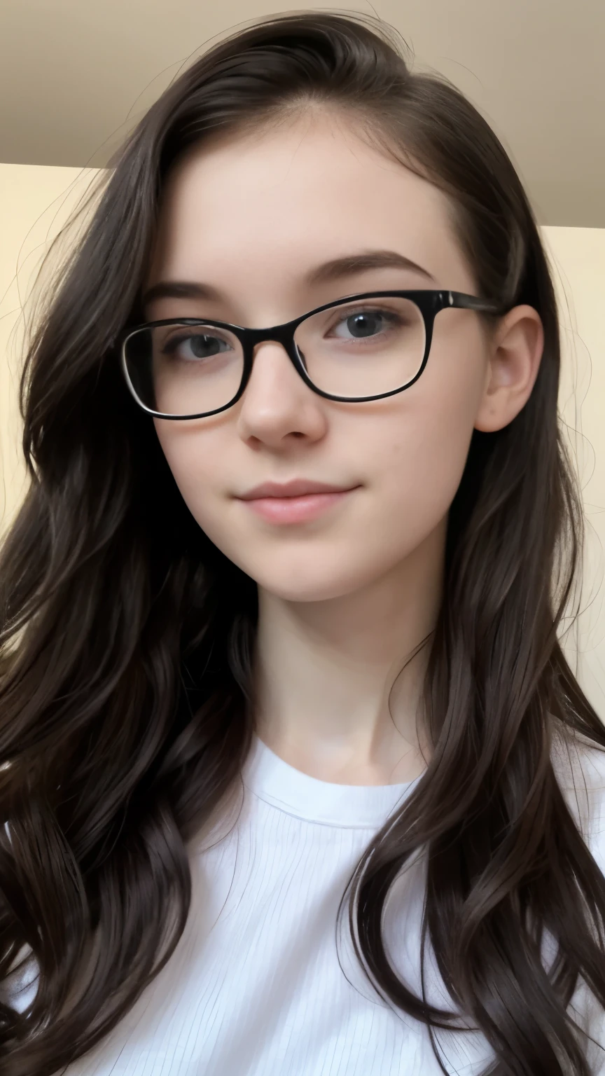 (Best Quality,masterpiece:1.2), 1girl, pale skin, caucasian,, soft face, angelic face,black hair, curly hair, long hair, glasses, nerd, young adult