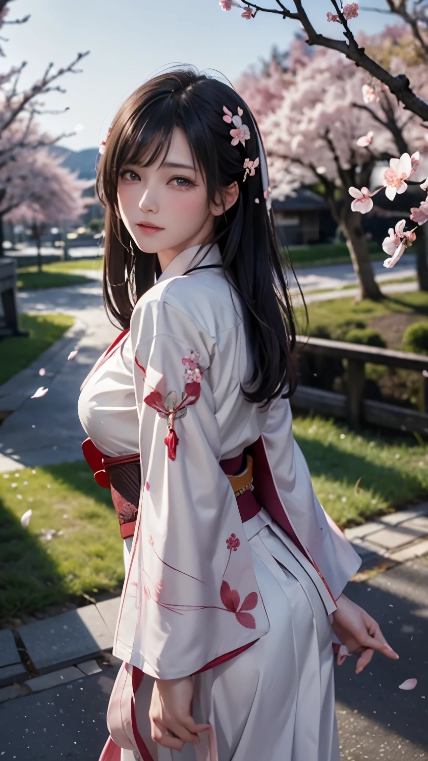(Logo, Masterpiece, 8k, Tabletop, RAW Photo, Amazing, Top Quality, Photorealistic and Highly Detailed CG Integrated 8k Wallpaper, High Quality, Highly Detailed, Narrative Poetry, Particle Effects, Dynamic Effects, Character Boundary Depth, Cinematic lights, lens flares, ray tracing), fantasy, (single beautiful woman, white kimono, Japanese clothing, white cherry blossom pattern, white cherry blossom embroidery pattern, black hair, beautiful face, real face, beautiful eyes in detail, beautiful skin, long hair) Hair fluttering in the wind, long hair bouncing, long hair dancing in the wind), (cherry blossoms, cherry tree, cherry blossom petals dancing, cherry blossom blizzard, falling petals), hair fluttering in the wind, hair bouncing, pink cherry blossoms, Dancing petals, cherry blossom snowstorm, wonderful scenery, sunrise, background sun, wind, gods, teeth, stories of gods, vast land