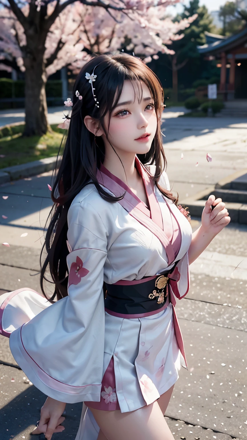 (Logo, Masterpiece, 8k, Tabletop, RAW Photo, Amazing, Top Quality, Photorealistic and Highly Detailed CG Integrated 8k Wallpaper, High Quality, Highly Detailed, Narrative Poetry, Particle Effects, Dynamic Effects, Character Boundary Depth, Cinematic lights, lens flares, ray tracing), fantasy, (single beautiful woman, white kimono, Japanese clothing, white cherry blossom pattern, white cherry blossom embroidery pattern, black hair, beautiful face, real face, beautiful eyes in detail, beautiful skin, long hair) Hair fluttering in the wind, long hair bouncing, long hair dancing in the wind), (cherry blossoms, cherry tree, cherry blossom petals dancing, cherry blossom blizzard, falling petals), hair fluttering in the wind, hair bouncing, pink cherry blossoms, Dancing petals, cherry blossom snowstorm, wonderful scenery, sunrise, background sun, wind, gods, teeth, stories of gods, vast land