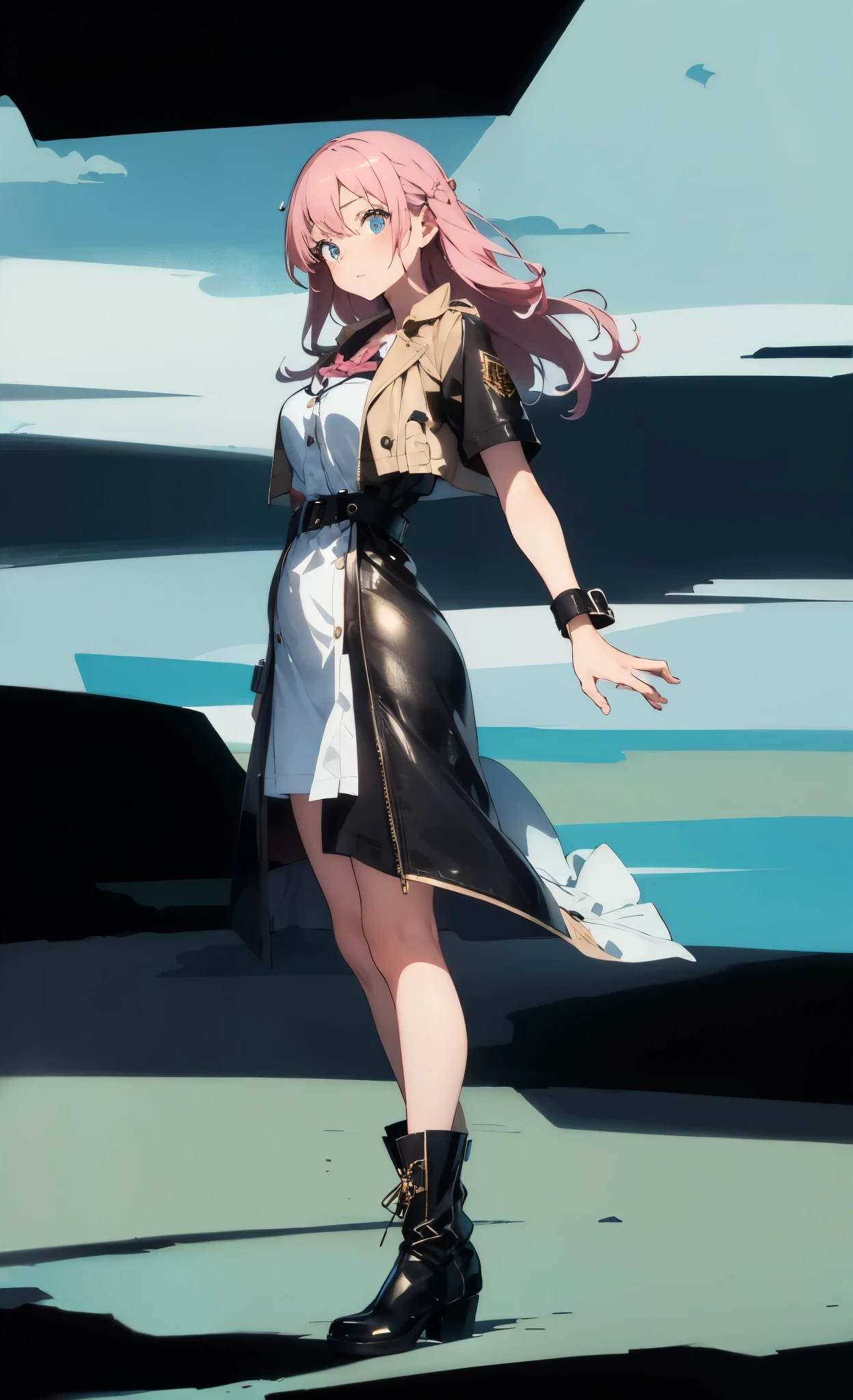 (A beautiful young girl with long curly pink hair, slender eyebrows, sparkling eyes, a bewildered expression, an oval-shapedl face with pale skin, a knee-length form-fitting leather trench coat with very short sleeves, she adorns both hands with metallic wrist guards in a sci-fi ancient civilization style, her long legs are clad in leather boots as she soars through the misty clouds), this character embodies a finely crafted fantasy-realism style western ranger in anime style, exquisite and mature manga art style, porcelain skin, perfect skin, perfect eyes, high definition, best quality, highres, ultra-detailed, ultra-fine painting, extremely delicate, professional, anatomically correct, symmetrical face, extremely detailed eyes and face, high quality eyes, creativity, RAW photo, UHD, 32k, Natural light, cinematic lighting, masterpiece-anatomy-perfect, masterpiece:1.5
