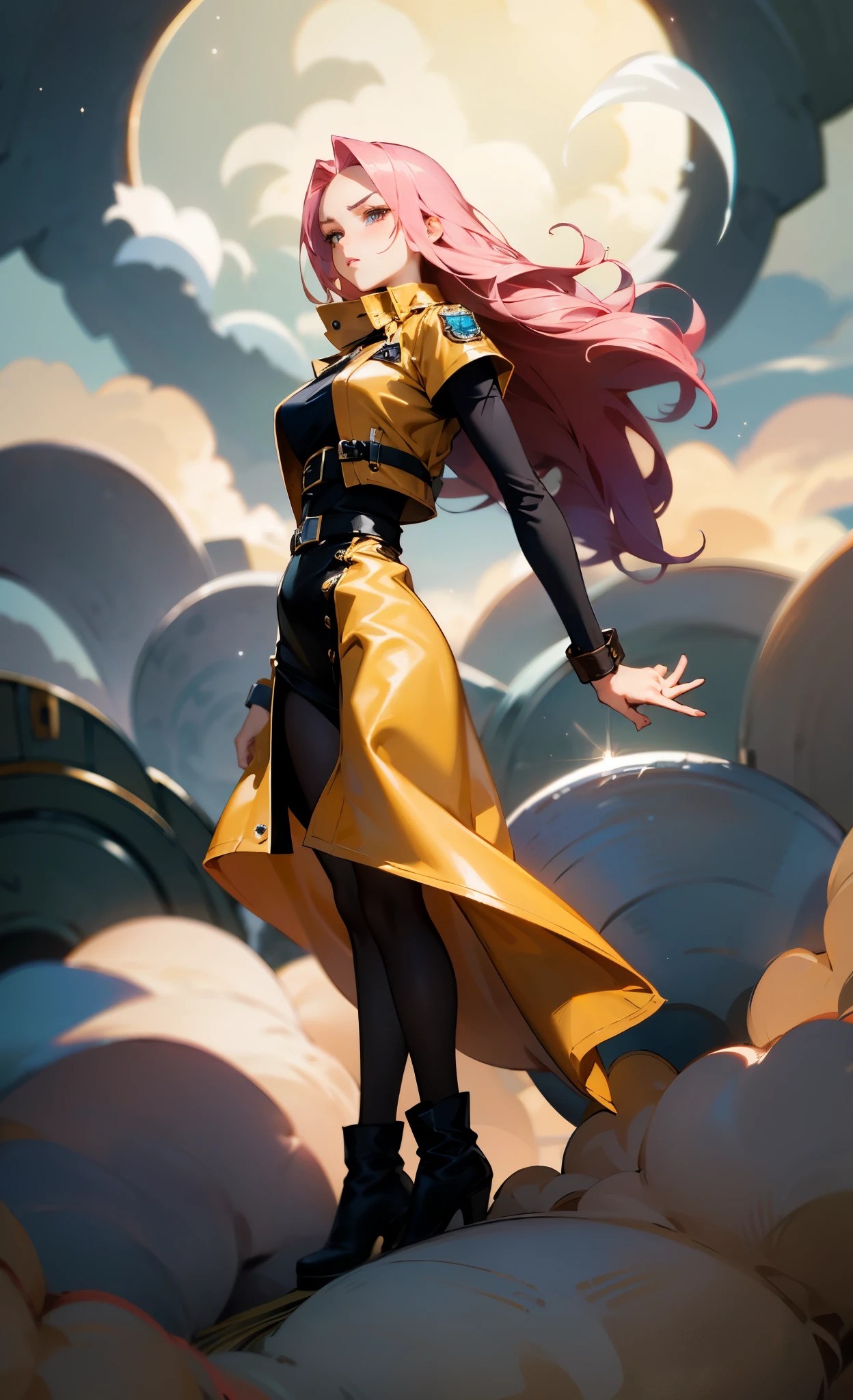 (A beautiful young girl with long curly pink hair, slender eyebrows, sparkling eyes, a bewildered expression, an oval-shapedl face with pale skin, a knee-length form-fitting leather trench coat with very short sleeves, she adorns both hands with metallic wrist guards in a sci-fi ancient civilization style, her long legs are clad in leather boots as she soars through the misty clouds), this character embodies a finely crafted fantasy-realism style western ranger in anime style, exquisite and mature manga art style, porcelain skin, perfect skin, perfect eyes, high definition, best quality, highres, ultra-detailed, ultra-fine painting, extremely delicate, professional, anatomically correct, symmetrical face, extremely detailed eyes and face, high quality eyes, creativity, RAW photo, UHD, 32k, Natural light, cinematic lighting, masterpiece-anatomy-perfect, masterpiece:1.5