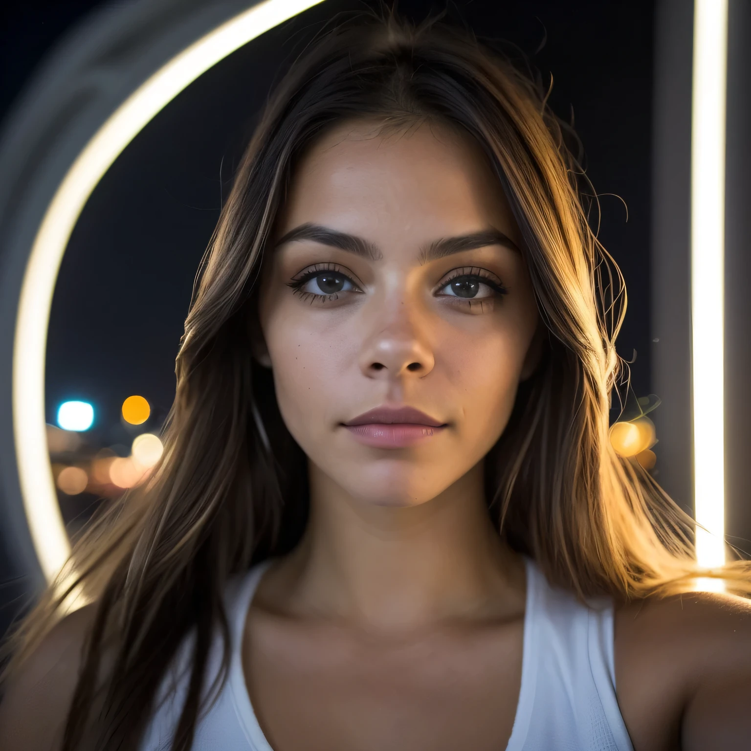 (Foto selfie, desde arriba:1.4), (postrait medio cuerpo:1.4), RAW uhd portrait photo of a 24 year old blonde (Mujer de ojos azules) walking down a dark alleyway, pecho natural, Antecedentes nocturnos de la ciudad, (Vestido de sol azul), (escote), Detallado (Texturas!, cabello!, brillar, Color!!, Imperfecciones:1.1), Ojos brillantes altamente detallados, (Looking at the camera), specular lighting, DSLR, Calidad Ultra, sharp focus, Tachuela afilada, DOF, Film grain, (centrado), Fujifilm XT3, Cristalina, Centro del marco, cara linda, sharp focus, farola, Neon lights, Bokeh, (Poca luz), discreto, Por la noche, (cielo nocturno) poros detallados de la piel, piel grasa, tan, Detalles intrincados de los ojos