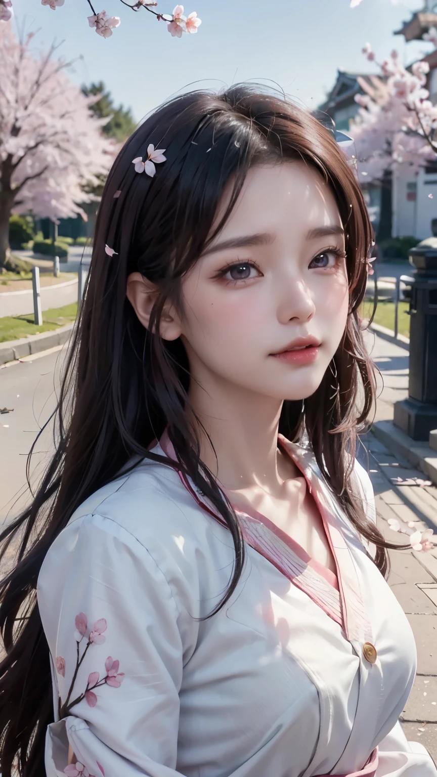 (Logo, Masterpiece, 8k, Tabletop, RAW Photo, Amazing, Top Quality, Photorealistic and Highly Detailed CG Integrated 8k Wallpaper, High Quality, Highly Detailed, Narrative Poetry, Particle Effects, Dynamic Effects, Character Boundary Depth, Cinematic lights, lens flares, ray tracing), fantasy, (single beautiful woman, white kimono, Japanese clothing, white cherry blossom pattern, white cherry blossom embroidery pattern, black hair, beautiful face, real face, beautiful eyes in detail, beautiful skin, long hair) Hair fluttering in the wind, long hair bouncing, long hair dancing in the wind), (cherry blossoms, cherry tree, cherry blossom petals dancing, cherry blossom blizzard, falling petals), hair fluttering in the wind, hair bouncing, pink cherry blossoms, Dancing petals, cherry blossom snowstorm, wonderful scenery, sunrise, background sun, wind, gods, teeth, stories of gods, vast land
