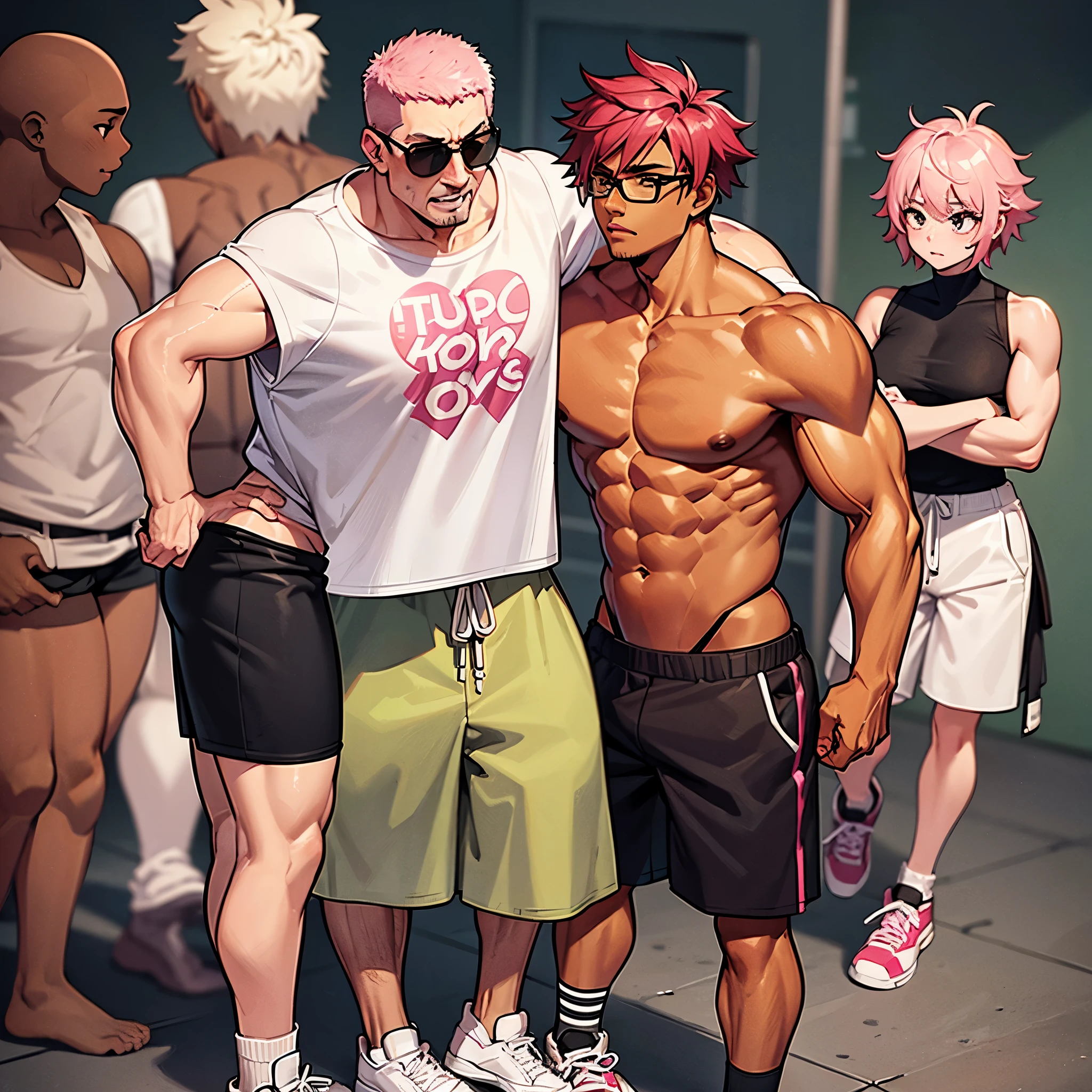 A man with tan skin, round black glasses, a brutal face, and short, pink hair. Wear a tank top Drape the shirt around your waist. Wear shorts. Wear sneakers and socks. Good figure, tight muscles