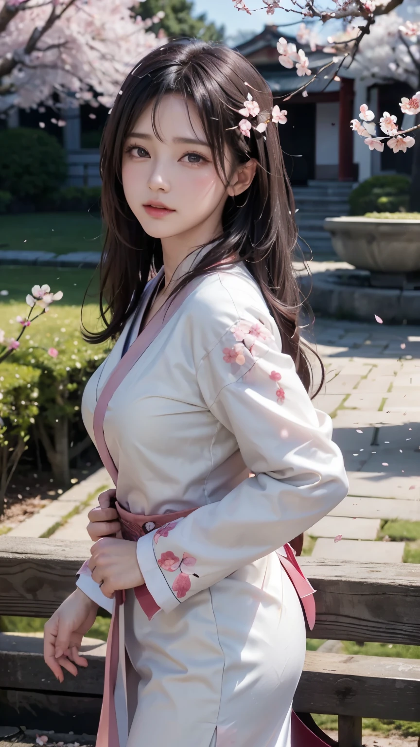 (Logo, Masterpiece, 8k, Tabletop, RAW Photo, Amazing, Top Quality, Photorealistic and Highly Detailed CG Integrated 8k Wallpaper, High Quality, Highly Detailed, Narrative Poetry, Particle Effects, Dynamic Effects, Character Boundary Depth, Cinematic lights, lens flares, ray tracing), fantasy, (single beautiful woman, white kimono, Japanese clothing, white cherry blossom pattern, white cherry blossom embroidery pattern, black hair, beautiful face, real face, beautiful eyes in detail, beautiful skin, long hair) Hair fluttering in the wind, long hair bouncing, long hair dancing in the wind), (cherry blossoms, cherry tree, cherry blossom petals dancing, cherry blossom blizzard, falling petals), hair fluttering in the wind, hair bouncing, pink cherry blossoms, Dancing petals, cherry blossom snowstorm, wonderful scenery, sunrise, background sun, wind, gods, teeth, stories of gods, vast land