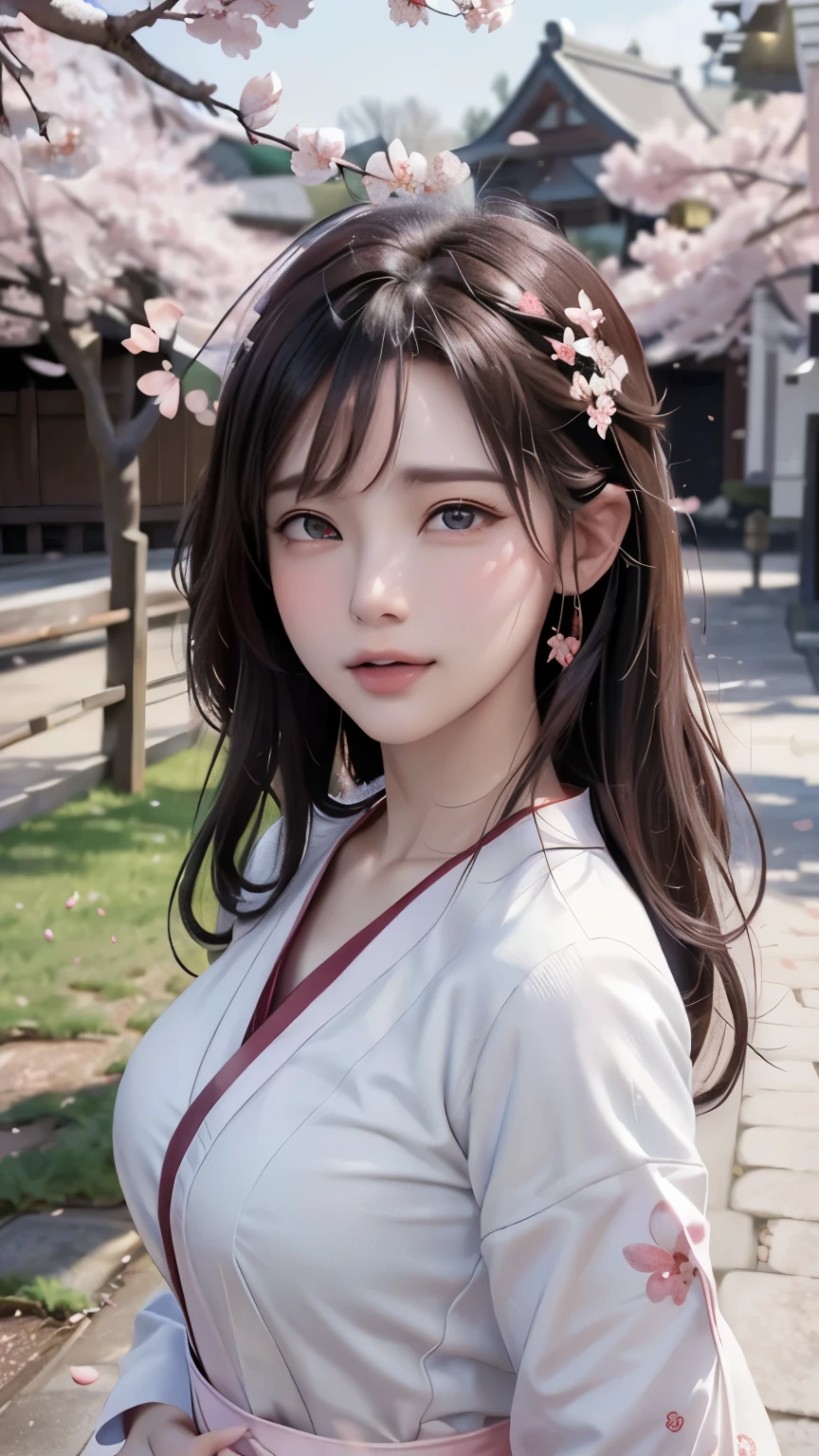 (Logo, Masterpiece, 8k, Tabletop, RAW Photo, Amazing, Top Quality, Photorealistic and Highly Detailed CG Integrated 8k Wallpaper, High Quality, Highly Detailed, Narrative Poetry, Particle Effects, Dynamic Effects, Character Boundary Depth, Cinematic lights, lens flares, ray tracing), fantasy, (single beautiful woman, white kimono, Japanese clothing, white cherry blossom pattern, white cherry blossom embroidery pattern, black hair, beautiful face, real face, beautiful eyes in detail, beautiful skin, long hair) Hair fluttering in the wind, long hair bouncing, long hair dancing in the wind), (cherry blossoms, cherry tree, cherry blossom petals dancing, cherry blossom blizzard, falling petals), hair fluttering in the wind, hair bouncing, pink cherry blossoms, Dancing petals, cherry blossom snowstorm, wonderful scenery, sunrise, background sun, wind, gods, teeth, stories of gods, vast land