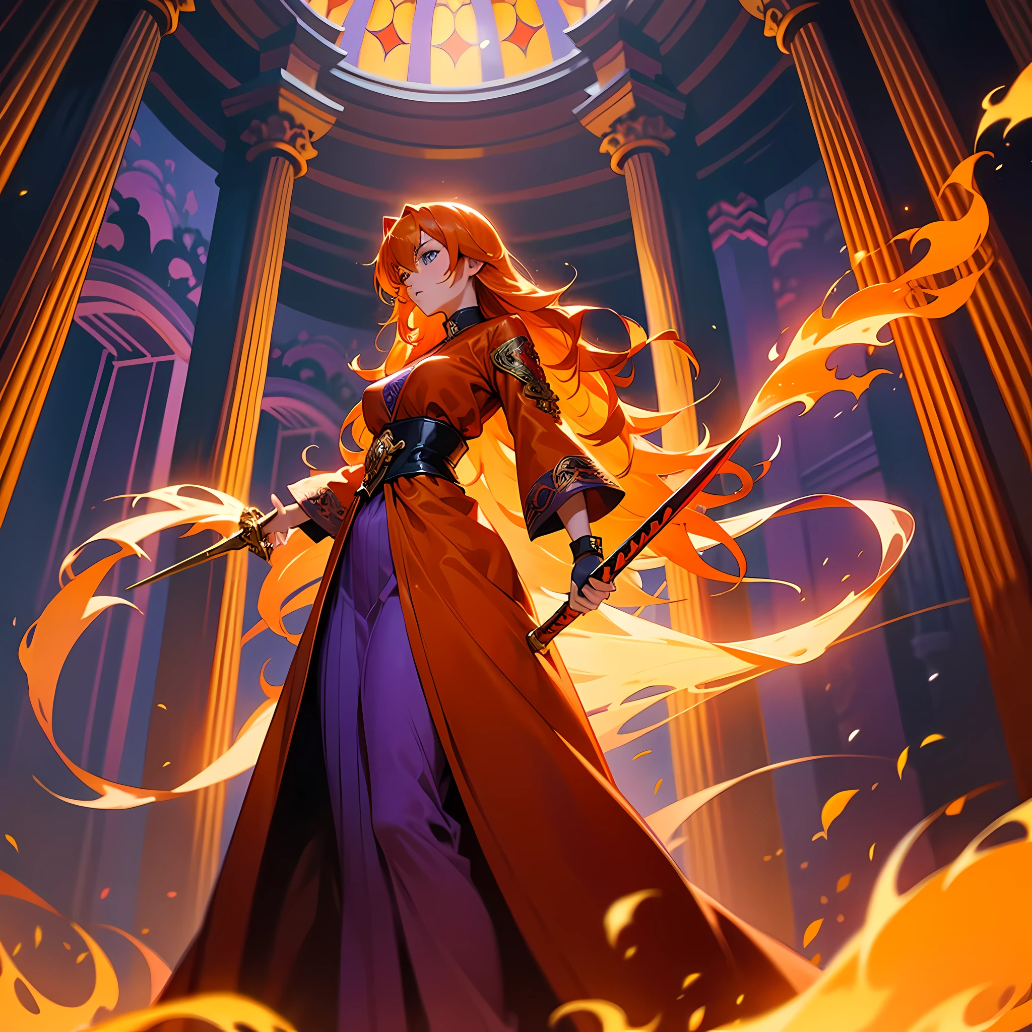 anime style art, comic book style art, beautiful healthy Celtic young woman, tall, bright orange hair, flaming orange hair, long wavy orange hair, bright blue eyes, fair skin, wearing a red warrior dress, red dress with ornate gold and purple designs, modest clothing, standing inside a temple made of purple stones, holding a long orange sword, fiery background, flames, dramatic composition, high quality digital art