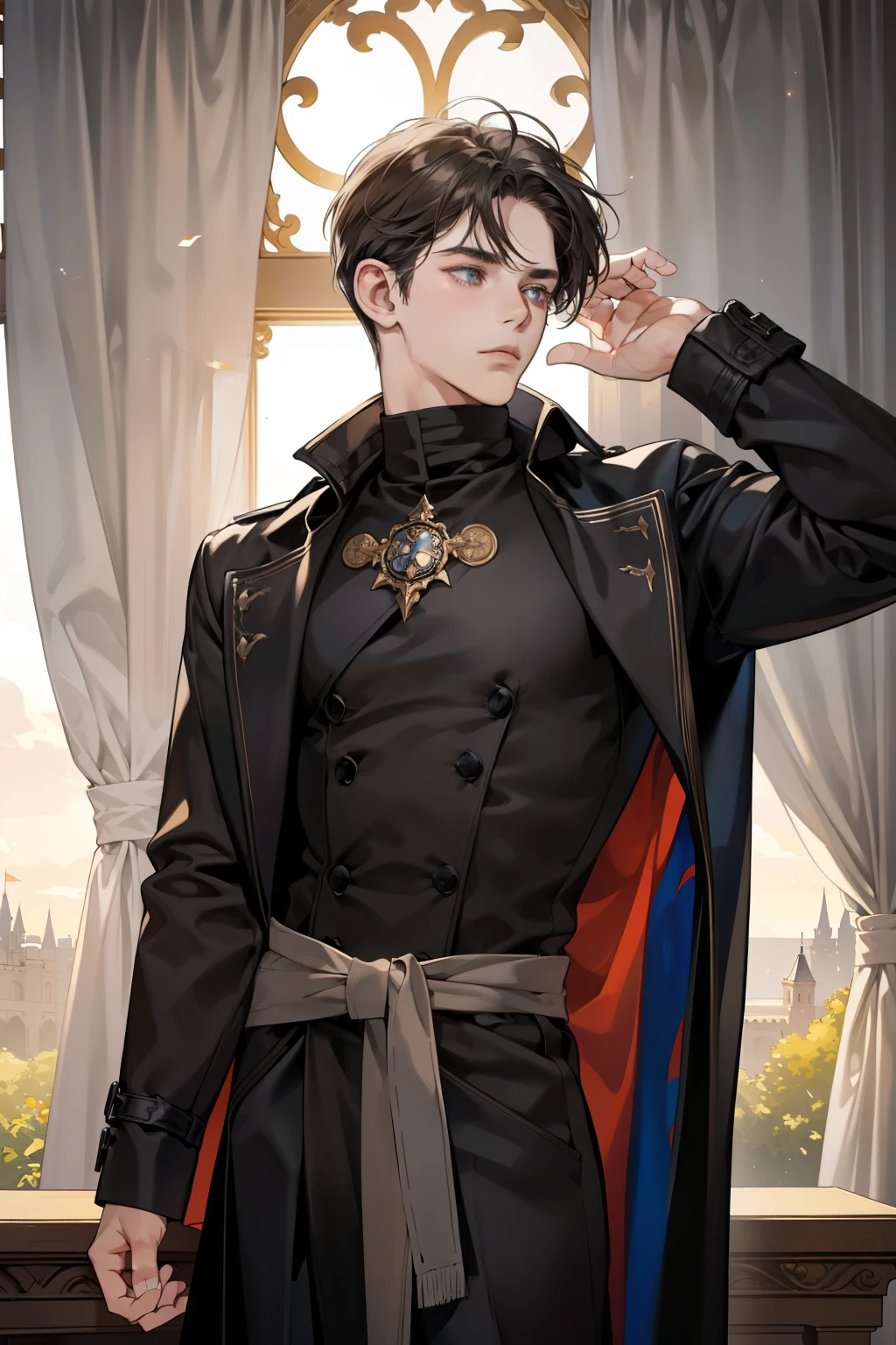 An 18-year-old boy with curtain-styled ashy-brown hair and pale grey eyes, imparting an air of melancholy, wears a black turtleneck that hugs his toned torso, a black overcoat that covers his arms and obscures any further details, and black pants that blend seamlessly with his surroundings. His expression is unreadable, as he looks away from the viewer with a faraway gaze, lost in thought or contemplation. The scene is set against the backdrop of a far-off, majestic castle, with its turrets reaching for the sky and its grounds bathed in the golden hues of a rising sun. The