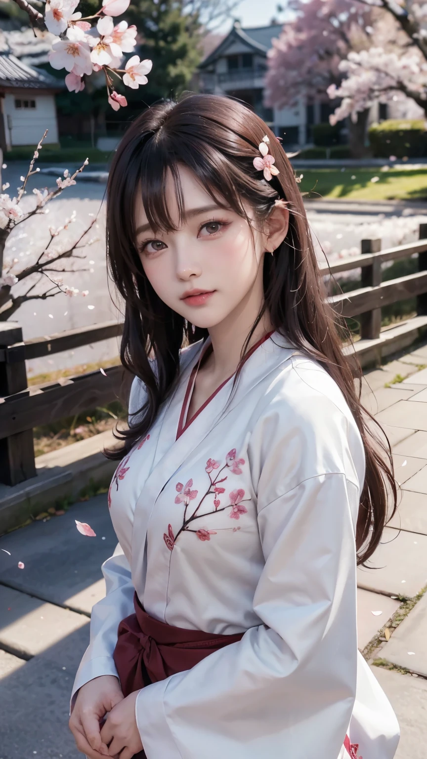 (Logo, Masterpiece, 8k, Tabletop, RAW Photo, Amazing, Top Quality, Photorealistic and Highly Detailed CG Integrated 8k Wallpaper, High Quality, Highly Detailed, Narrative Poetry, Particle Effects, Dynamic Effects, Character Boundary Depth, Cinematic lights, lens flares, ray tracing), fantasy, (single beautiful woman, white kimono, Japanese clothing, white cherry blossom pattern, white cherry blossom embroidery pattern, black hair, beautiful face, real face, beautiful eyes in detail, beautiful skin, long hair) Hair fluttering in the wind, long hair bouncing, long hair dancing in the wind), (cherry blossoms, cherry tree, cherry blossom petals dancing, cherry blossom blizzard, falling petals), hair fluttering in the wind, hair bouncing, pink cherry blossoms, Dancing petals, cherry blossom snowstorm, wonderful scenery, sunrise, background sun, wind, gods, teeth, stories of gods, vast land