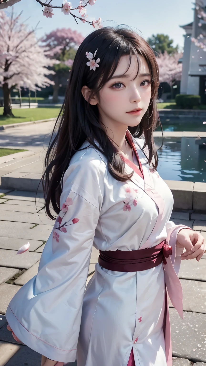 (logo、masterpiece、8k、table top、RAW photo、wonderful、最high quality、Photorealistic and hvery detailed CG integrated 8k wallpaper、high quality、very detailed、narrative poem、particle effects、dynamic effects、Depth of the bounds written、cinematic light、Lens flare、ray tracing)、fantasy、 (1 beautiful woman、white kimono、Japan Dresses、white cherry blossom pattern、White cherry blossom embroidery pattern、black haired、beautiful face、real face、beautiful details eyes beautiful skin)、Hair flutters in Wind、hair bounces、pink cherry tree、petals dance、SakuraFubuki、Spectacular view、sunrise、sun on background、Wind、god々、tooth、god話、vast land
