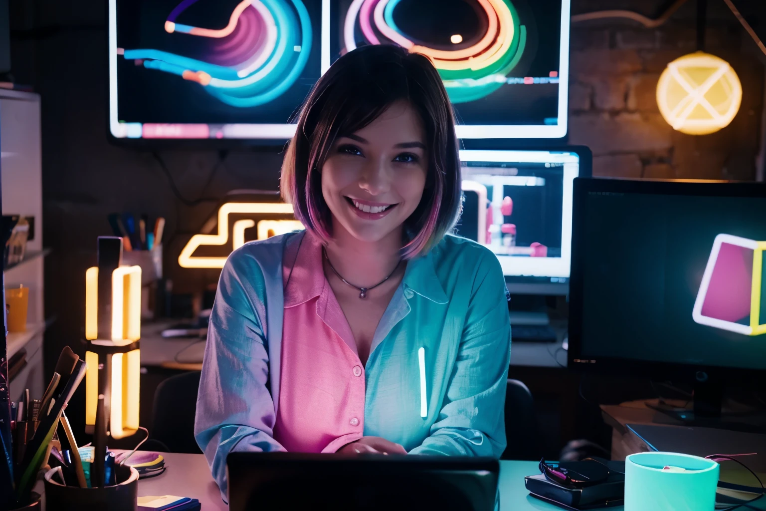 a smiling woman working creatively with stock footage on their computer, showcasing the idea of unleashing creativity with the help of curated materials, hide hands, neon colored lights