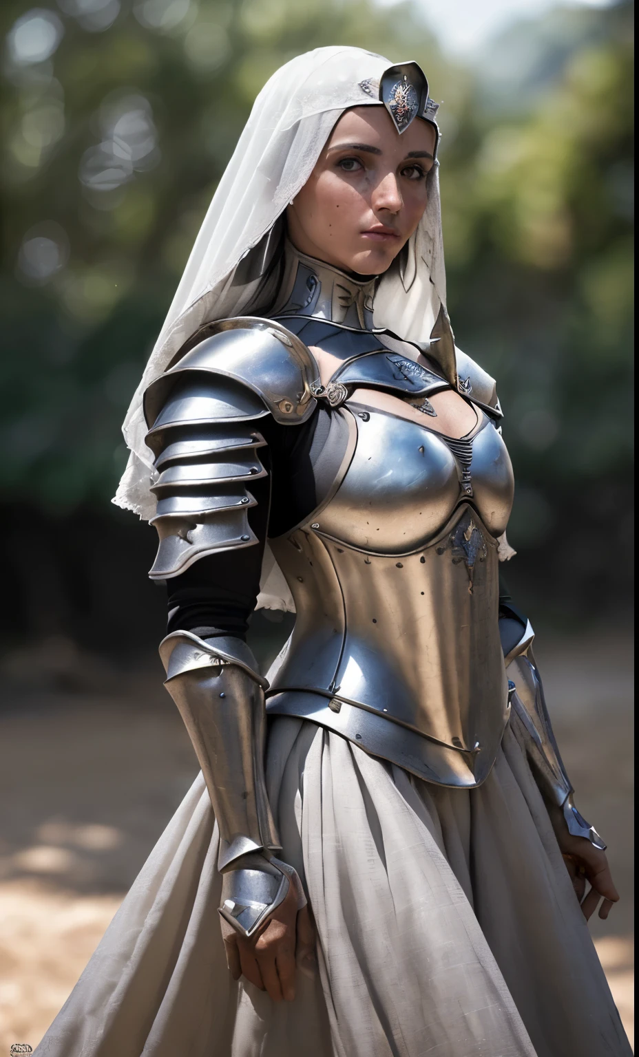 (obra maestra), (extremadamente intrincado:1.3), (realista), portrait of a girl, la mas bella del mundo, (armadura medieval), reflejos de metal, parte superior del cuerpo, al aire libre, luz solar intensa, castillo lejano, Detailed professional photography of a stunning woman., sharp focus, dramatic, Premiado, cinematic lighting, octanaje render motor irreal, volumetric dtx, (film grain, fondo borroso, primer plano borroso, bokeh, profundidad de campo, atardecer, Desenfoque de movimiento:1.3), cota de malla