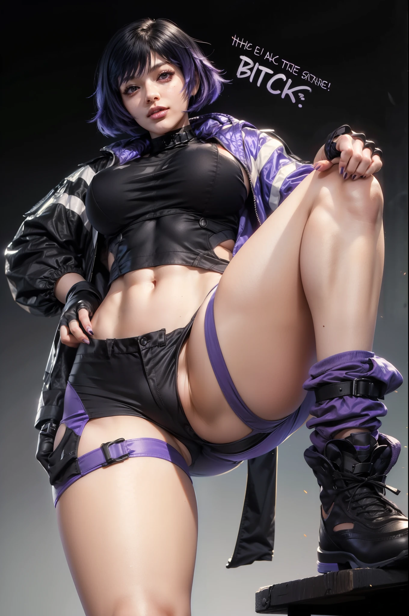 anime girl with purple hair and black top posing in a black outfit, Reina, thicc, thick smooth warframe thighs, commission for high res, oc commission, (sfw) safe for work, thighs!!!!!!, thighs!!!, oppai cyberpunk, fully - clothed!!!, fullbody commission for, violet and black, large thighs, 2b, 2 b