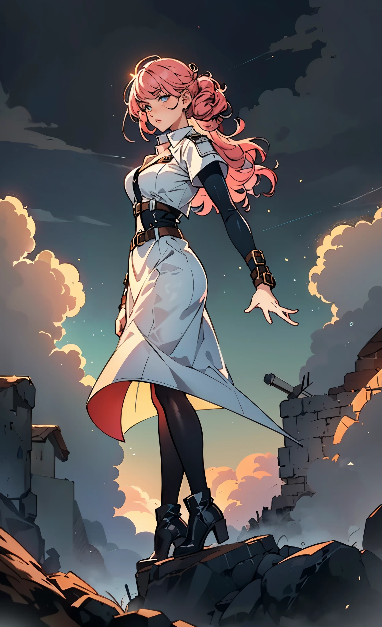 (A beautiful young girl with long curly pink hair, slender eyebrows, sparkling eyes, a bewildered expression, an oval-shapedl face with pale skin, a knee-length form-fitting leather trench coat with very short sleeves, she adorns both hands with metallic wrist guards in a sci-fi ancient civilization style, her long legs are clad in leather boots as she soars through the misty clouds), this character embodies a finely crafted fantasy-realism style western ranger in anime style, exquisite and mature manga art style, porcelain skin, perfect skin, perfect eyes, high definition, best quality, highres, ultra-detailed, ultra-fine painting, extremely delicate, professional, anatomically correct, symmetrical face, extremely detailed eyes and face, high quality eyes, creativity, RAW photo, UHD, 32k, Natural light, cinematic lighting, masterpiece-anatomy-perfect, masterpiece:1.5