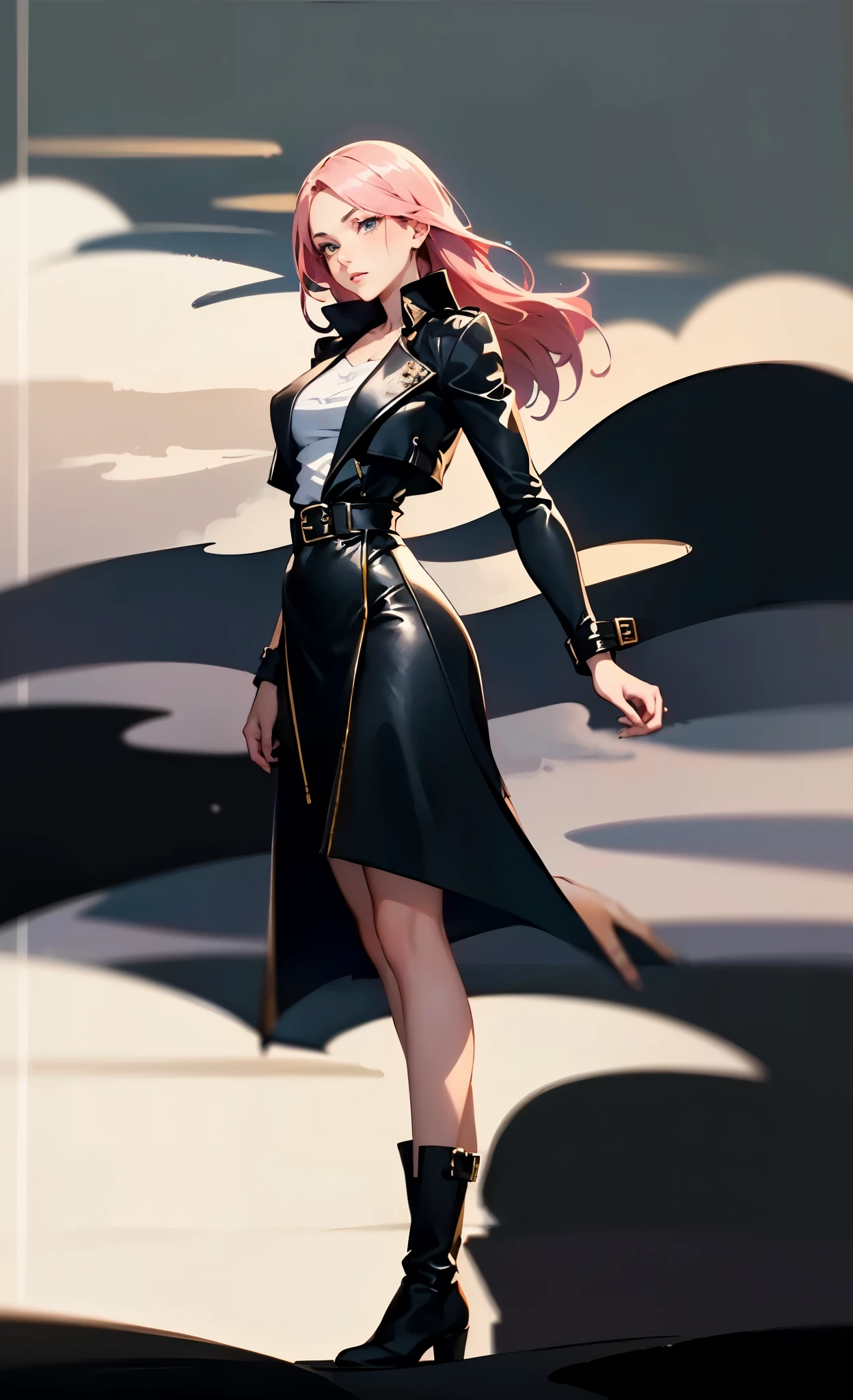 (A beautiful young girl with long curly pink hair, slender eyebrows, sparkling eyes, a bewildered expression, an oval-shapedl face with pale skin, a knee-length form-fitting leather trench coat with very short sleeves, she adorns both hands with metallic wrist guards in a sci-fi ancient civilization style, her long legs are clad in leather boots as she soars through the misty clouds), this character embodies a finely crafted fantasy-realism style western ranger in anime style, exquisite and mature manga art style, porcelain skin, perfect skin, perfect eyes, high definition, best quality, highres, ultra-detailed, ultra-fine painting, extremely delicate, professional, anatomically correct, symmetrical face, extremely detailed eyes and face, high quality eyes, creativity, RAW photo, UHD, 32k, Natural light, cinematic lighting, masterpiece-anatomy-perfect, masterpiece:1.5