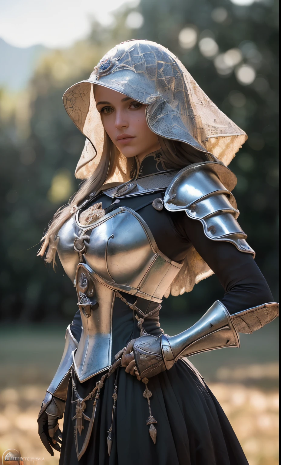 (obra maestra), (extremadamente intrincado:1.3), (realista), portrait of a girl, la mas bella del mundo, (armadura medieval), reflejos de metal, parte superior del cuerpo, al aire libre, luz solar intensa, castillo lejano, Detailed professional photography of a stunning woman., sharp focus, dramatic, Premiado, cinematic lighting, octanaje render motor irreal, volumetric dtx, (film grain, fondo borroso, primer plano borroso, bokeh, profundidad de campo, atardecer, Desenfoque de movimiento:1.3), cota de malla