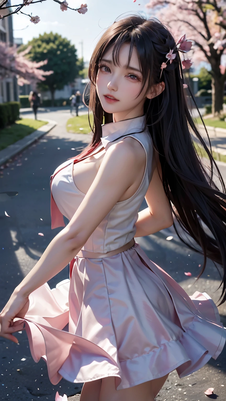 (Logo, Masterpiece, 8k, Tabletop, RAW Photo, Amazing, Top Quality, Photorealistic and Highly Detailed CG Integrated 8k Wallpaper, High Quality, Highly Detailed, Narrative Poetry, Particle Effects, Dynamic Effects, Character Boundary Depth, (cinematic lights, lens flares, ray tracing), fantasy, (single beautiful woman, dress, one piece, black hair, beautiful face, real face, beautiful eyes in detail, beautiful skin, long hair fluttering in the wind, long hair bouncing , long hair dancing in the wind), (cherry blossoms, cherry tree, cherry blossom petals dancing, cherry blossom blizzard, falling petals), wind blowing hair, hair flying, pink cherry blossoms, petals dancing, cherry blossom blizzard, wonderful scenery, sunrise , background sun, wind, gods, teeth, divine story, vast land