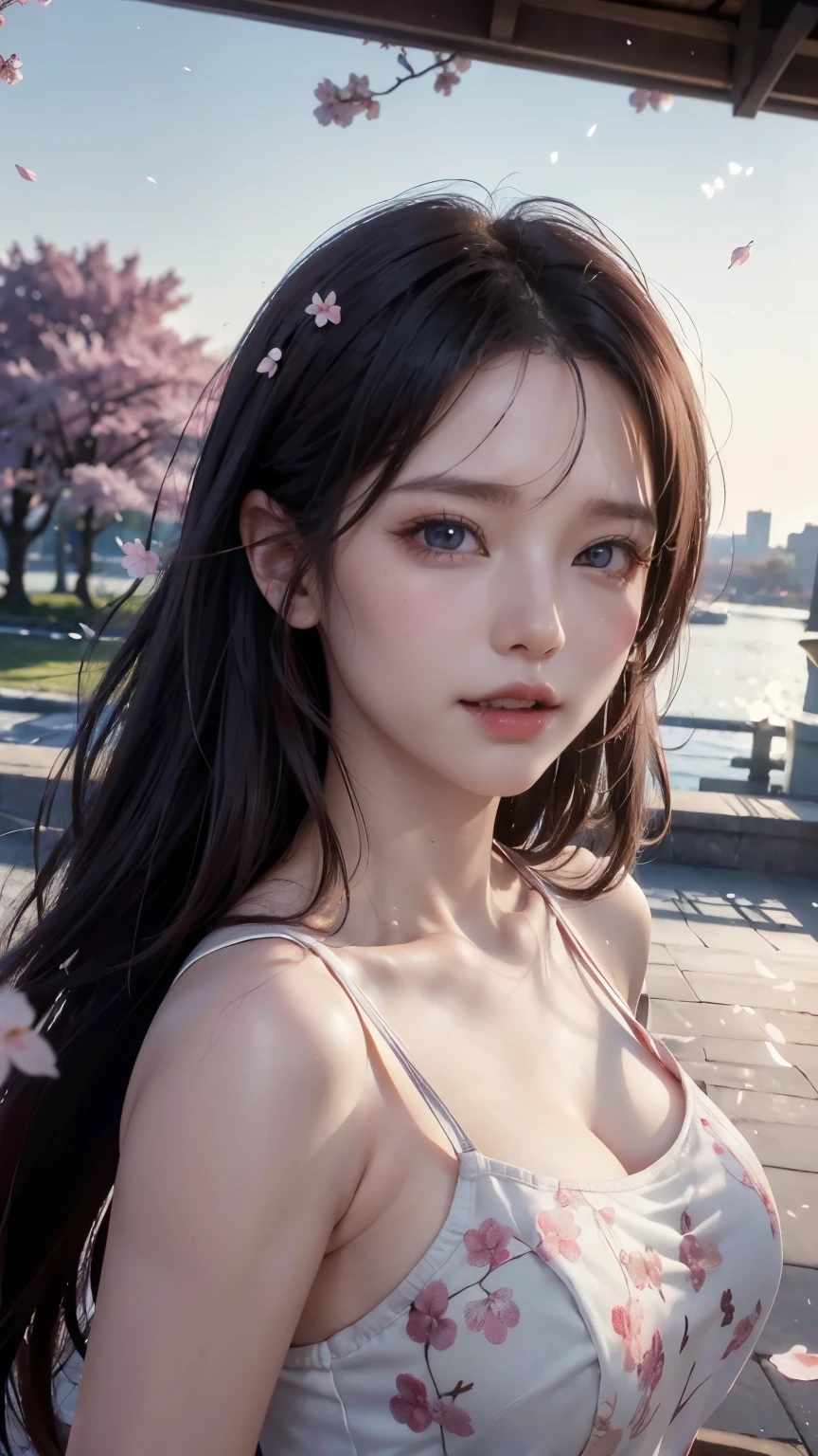 (Logo, Masterpiece, 8k, Tabletop, RAW Photo, Amazing, Top Quality, Photorealistic and Highly Detailed CG Integrated 8k Wallpaper, High Quality, Highly Detailed, Narrative Poetry, Particle Effects, Dynamic Effects, Character Boundary Depth, (cinematic lights, lens flares, ray tracing), fantasy, (single beautiful woman, dress, one piece, black hair, beautiful face, real face, beautiful eyes in detail, beautiful skin, long hair fluttering in the wind, long hair bouncing , long hair dancing in the wind), (cherry blossoms, cherry tree, cherry blossom petals dancing, cherry blossom blizzard, falling petals), wind blowing hair, hair flying, pink cherry blossoms, petals dancing, cherry blossom blizzard, wonderful scenery, sunrise , background sun, wind, gods, teeth, divine story, vast land