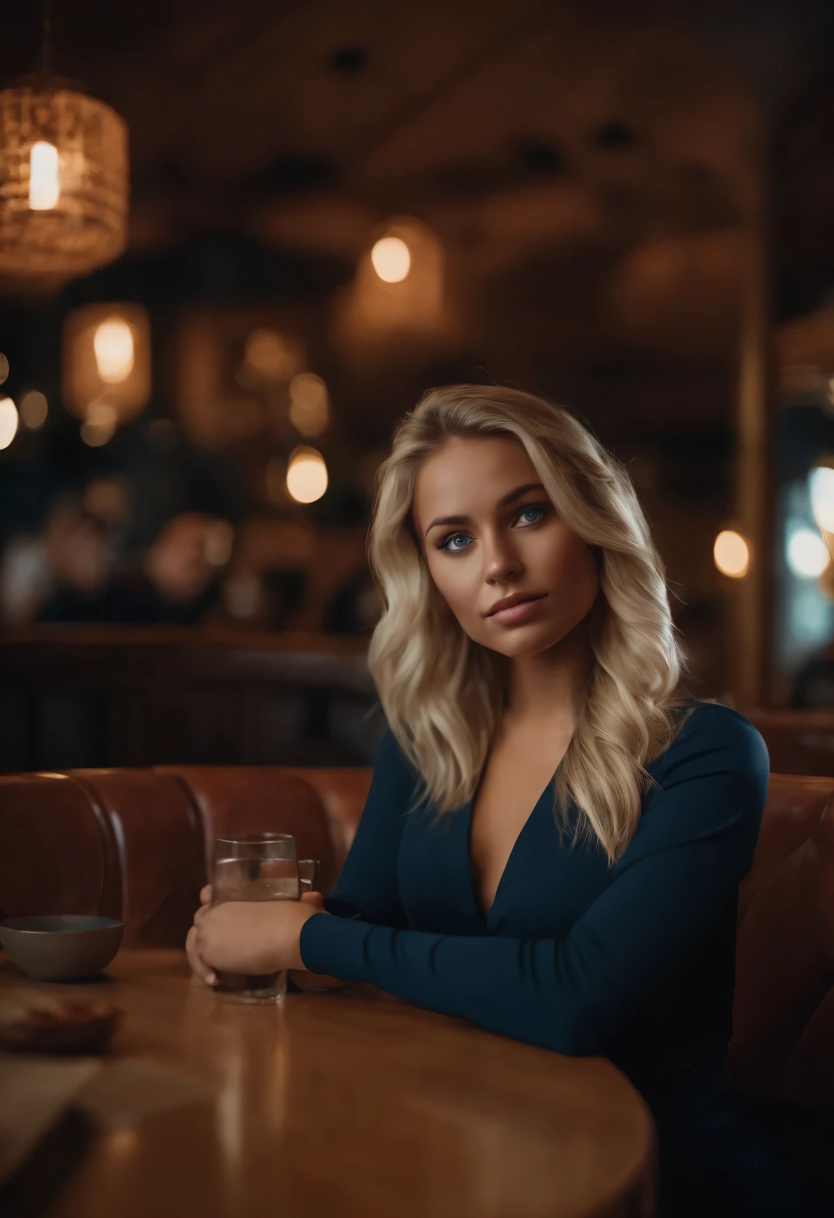 a full body, 21-year-old sexy tanned girl with light blond hair and blue eyes, big tits, seated in the restaurant