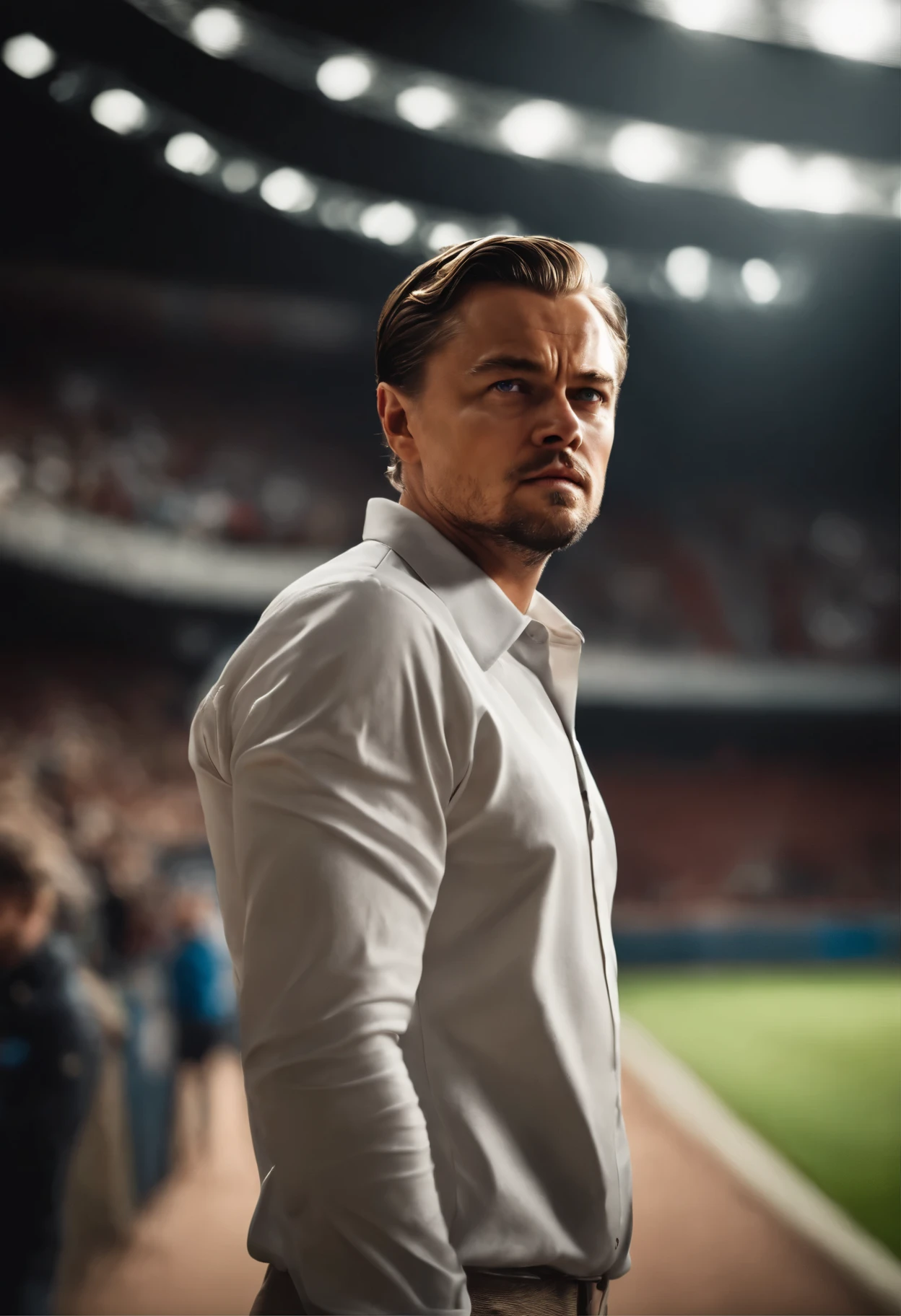 (((Leonardo DiCaprio))), wearing soccers player outfit, looking at viewer, portrait, hyper detailed POV, rich colors, hyper realistic, lifelike texture, dramatic lighting, standing in a soccer Stadium, detailed symmetric realistic face, extremely detailed natural texture, extremely detailed, amazing, fine detail, photo realistic, RAW photo, TanvirTamim, high quality, highres, sharp focus, extremely detailed, cinematic lighting, Top image quality, hight resolution, full body,、play along the stadium, Ball, (((see the whole body))), Edge Of Realism, lifelike texture, dramatic lighting, hdr
