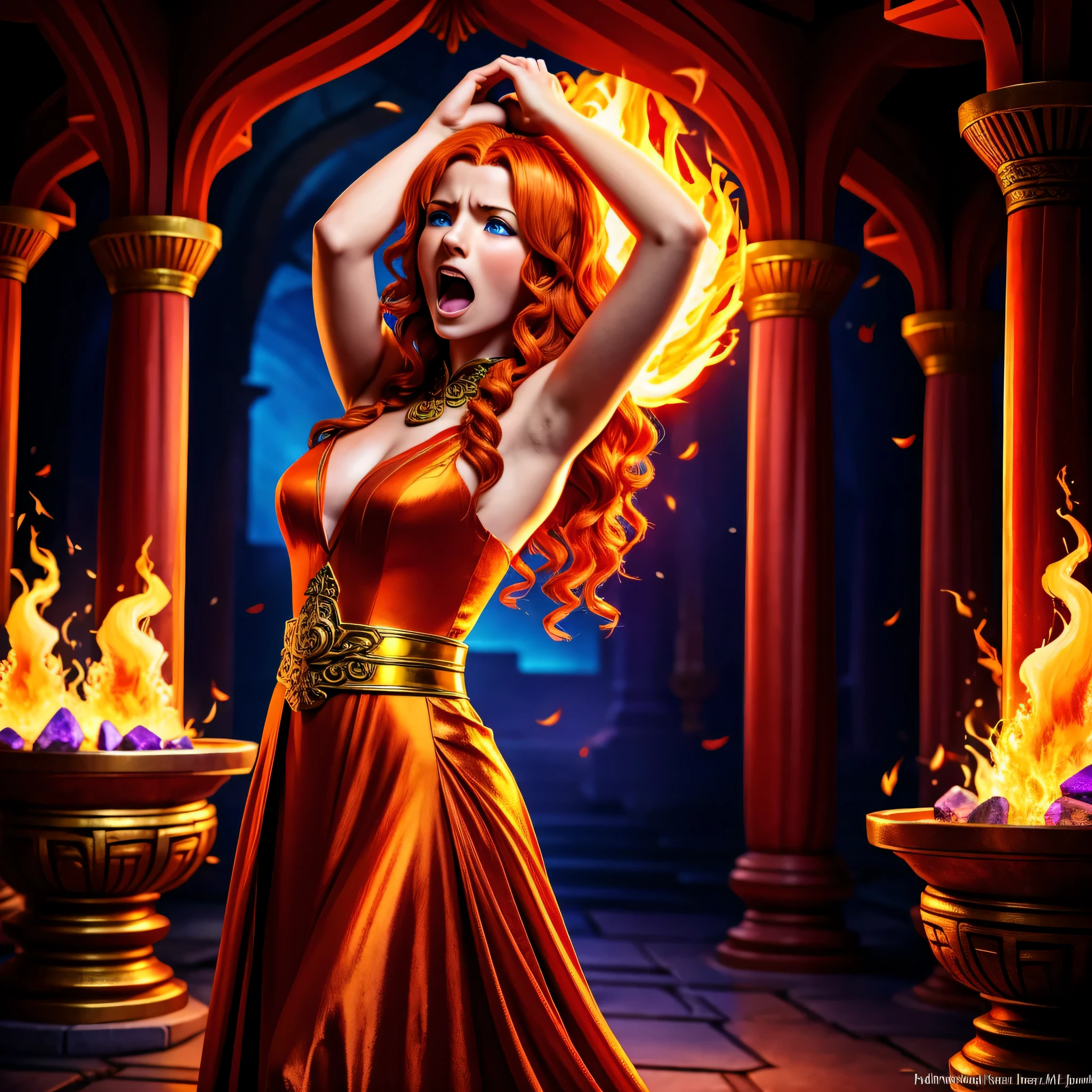 anime style art, comic book style art, beautiful healthy Celtic young woman, tall, bright orange hair, flaming orange hair, long wavy orange hair, bright blue eyes, fair skin, wearing a red warrior dress, red dress with ornate gold and purple designs, modest clothing, standing inside a temple made of purple stones, putting her hands on her head, holding her head in pain, screaming, tortured expression, fiery background, flames, dramatic composition, high quality digital art